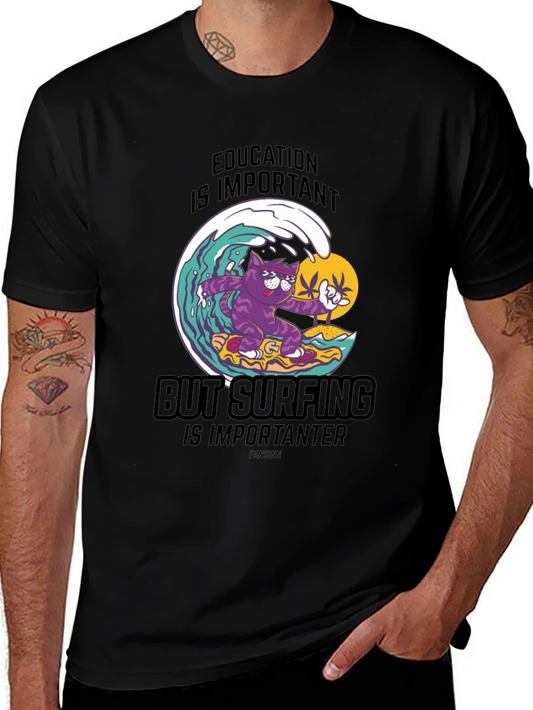 Surfing Cat T-Shirt - Education is Important Graphic Tee
