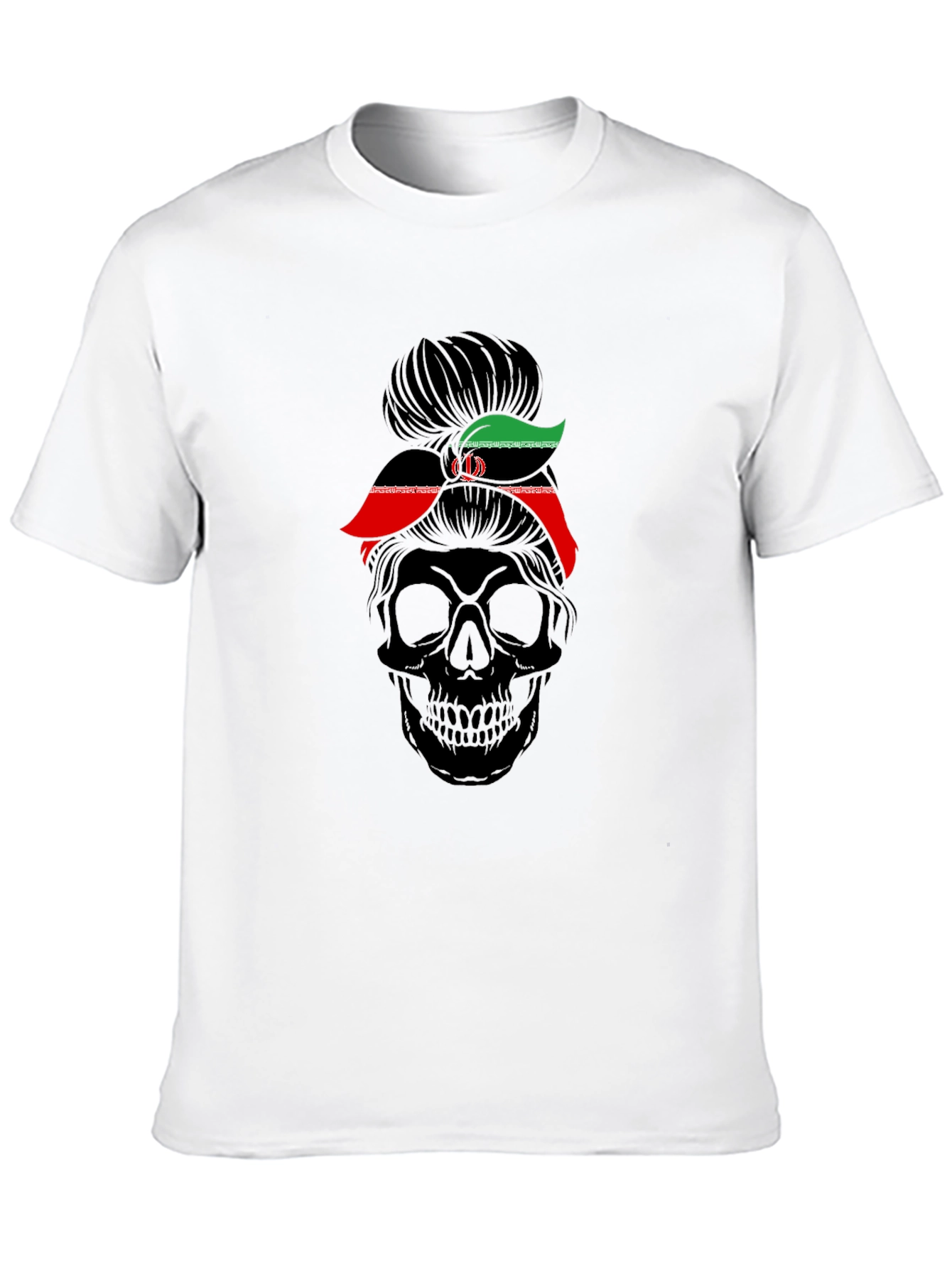 Skull Messy Bun Iran Flag T-Shirt