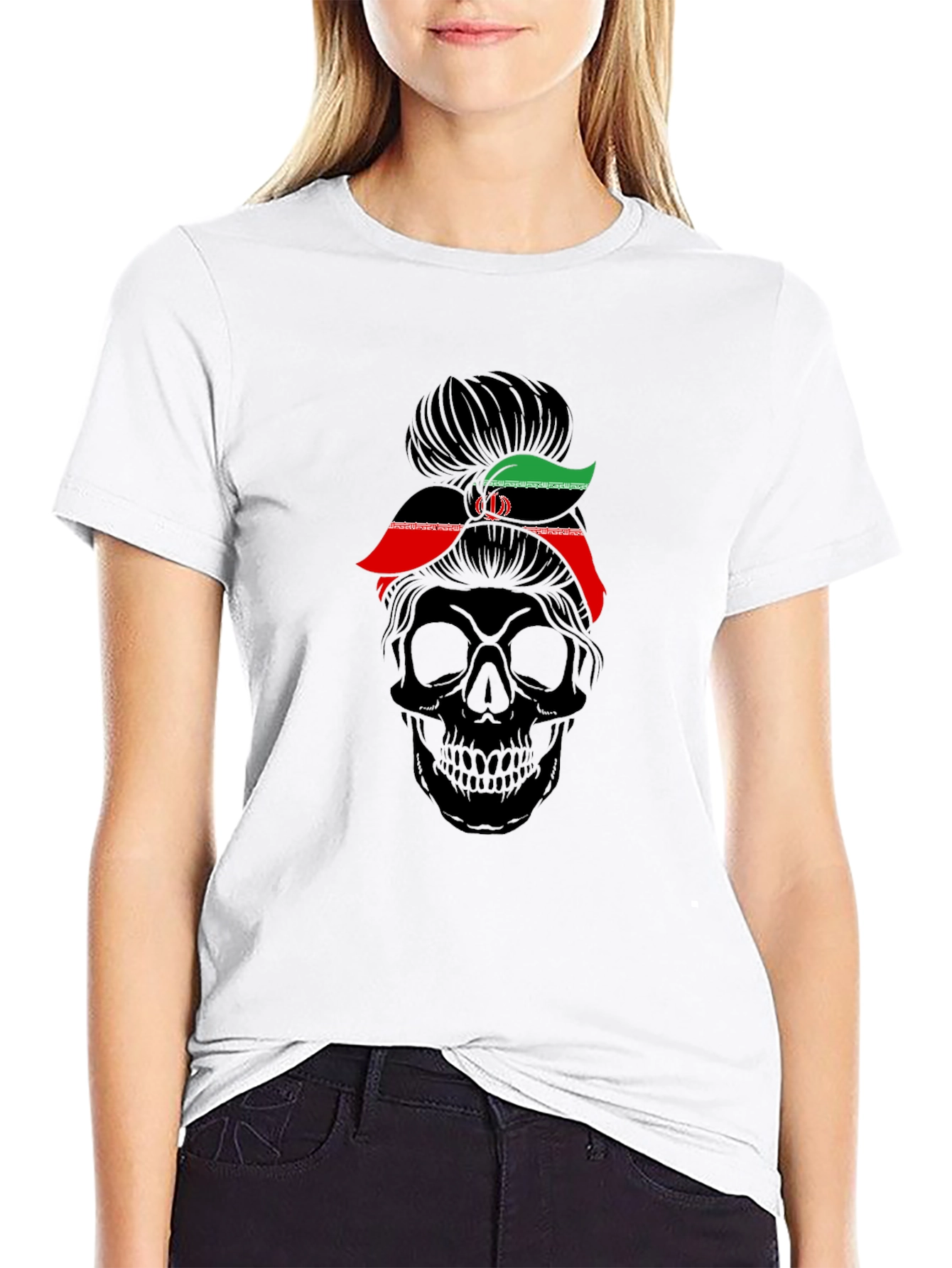 Skull Messy Bun Iran Flag T-Shirt