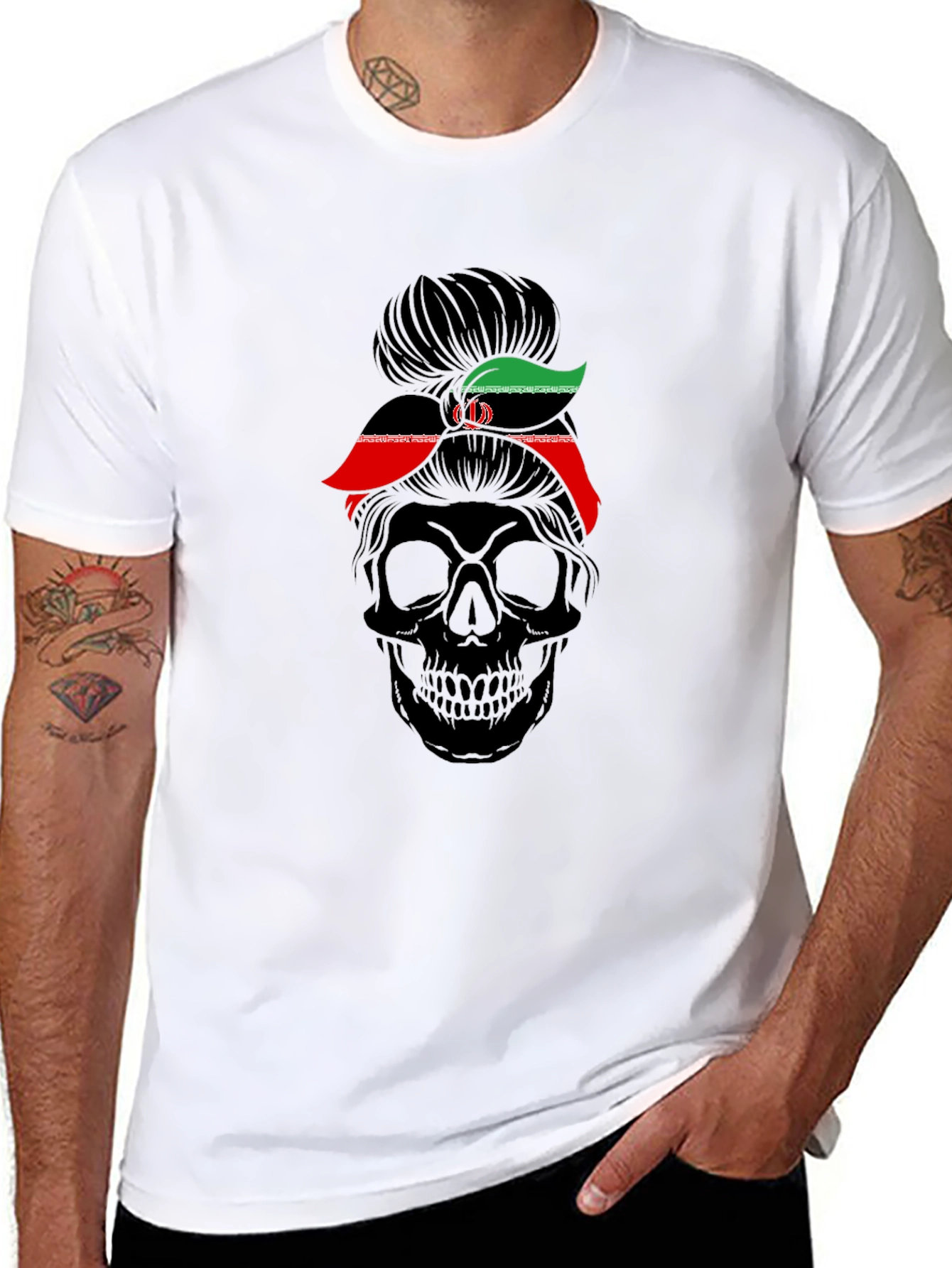 Skull Messy Bun Iran Flag T-Shirt