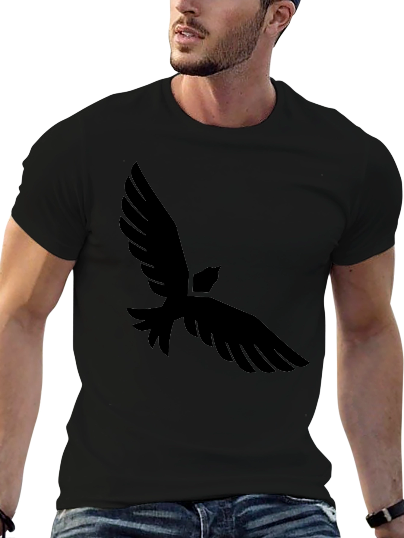 Mens Black T-Shirt with Bird Graphic Print