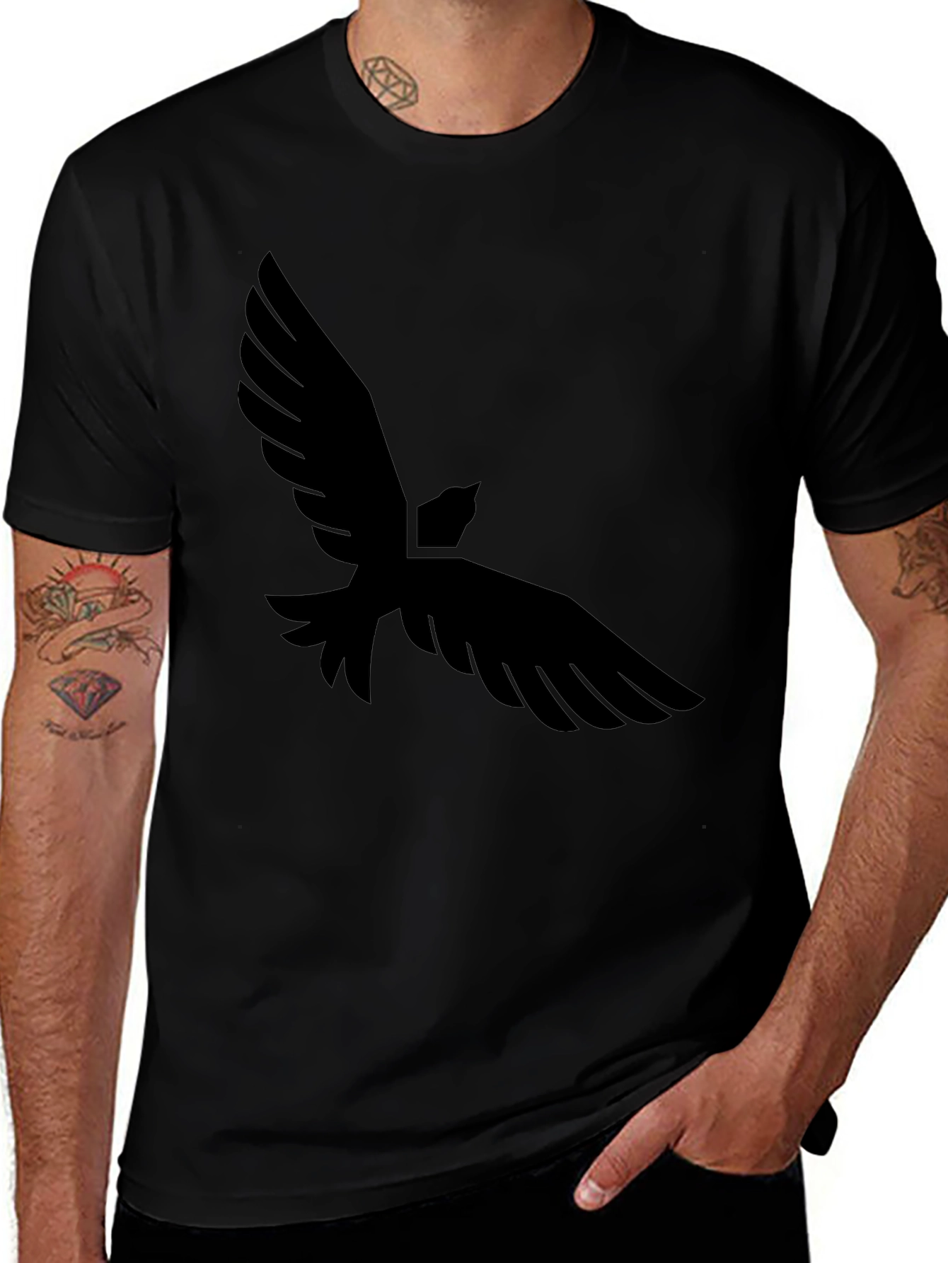 Mens Black T-Shirt with Bird Graphic Print