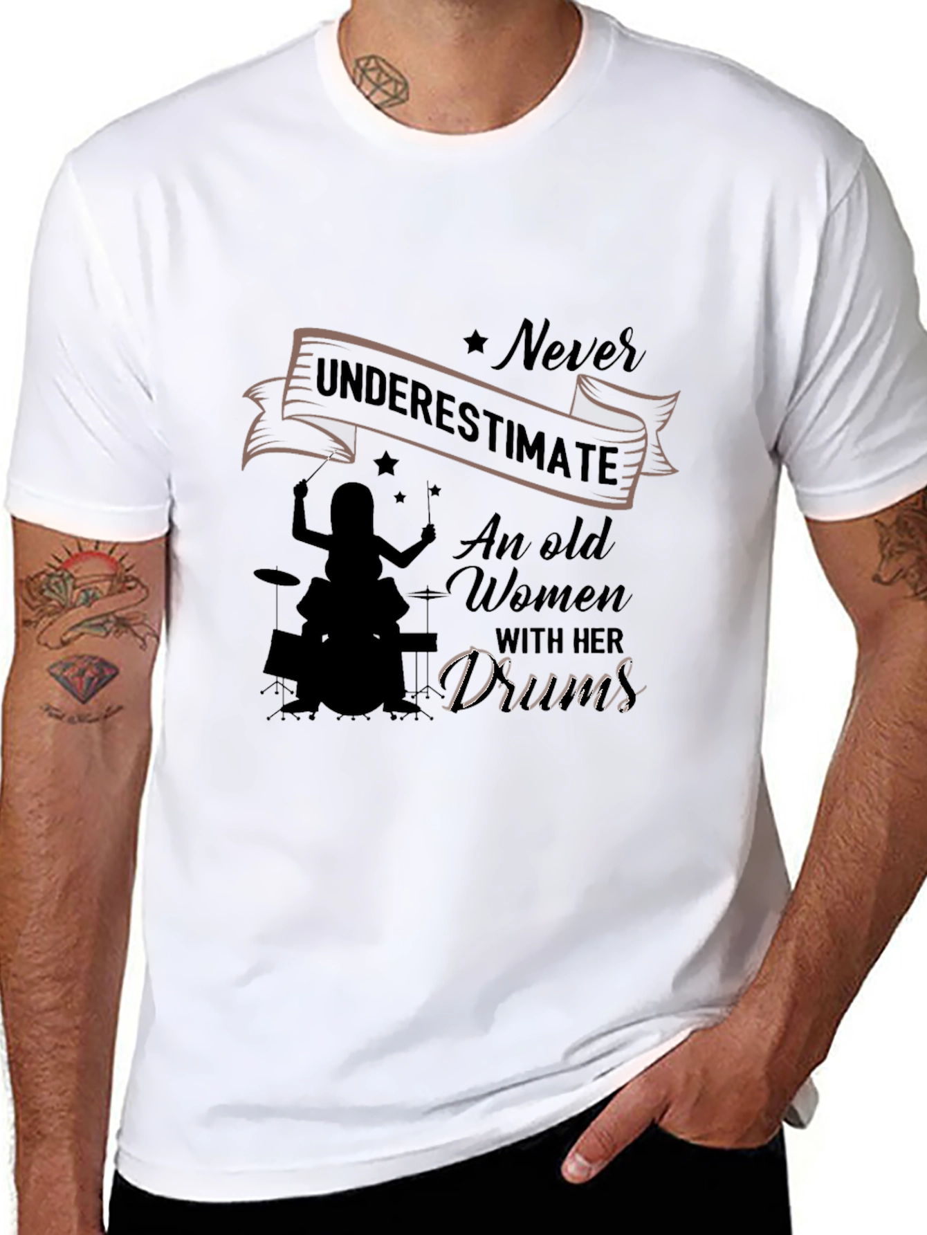 Never Underestimate Old Women Drums Black T-Shirt