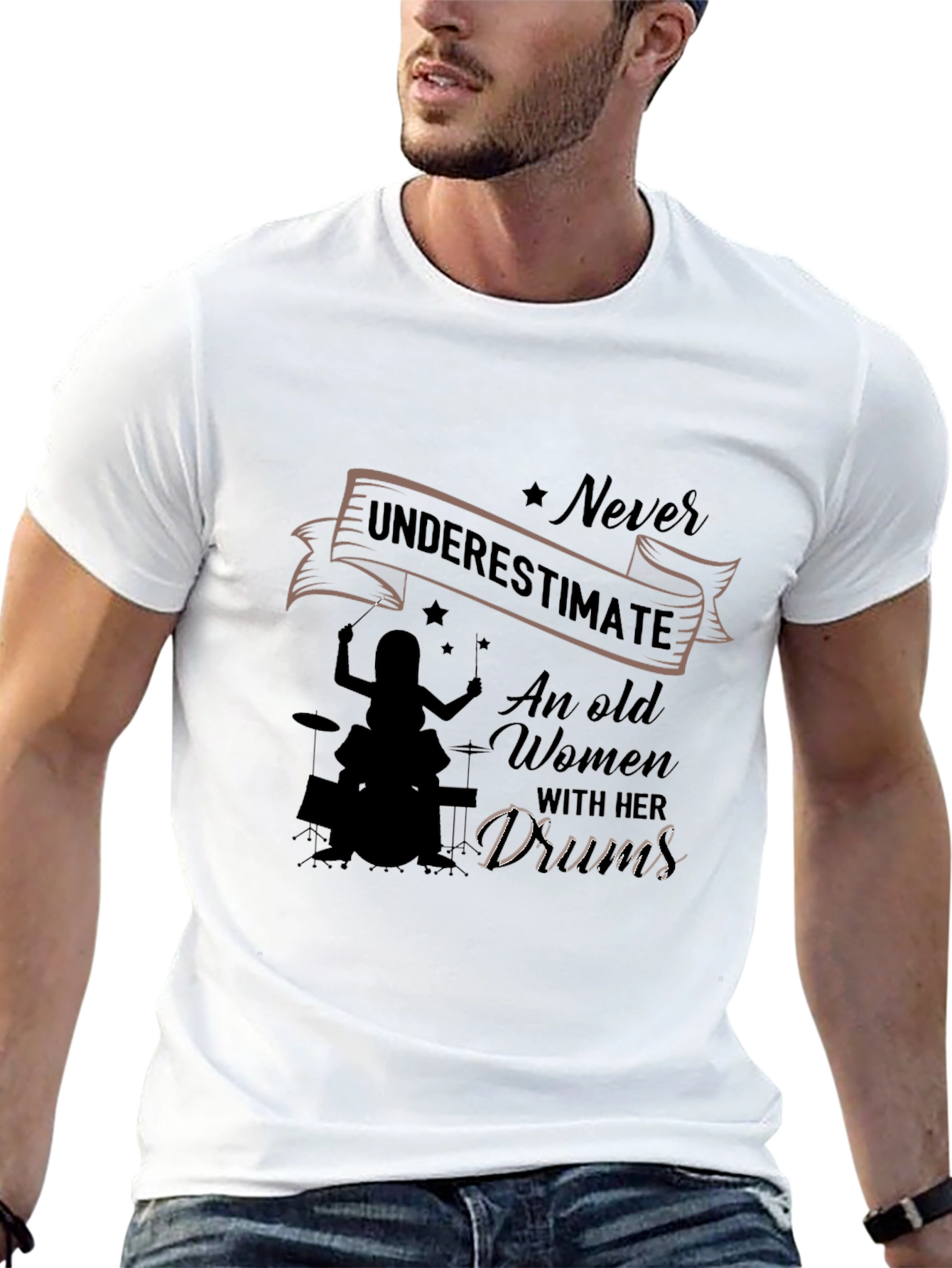 Never Underestimate Old Women Drums Black T-Shirt