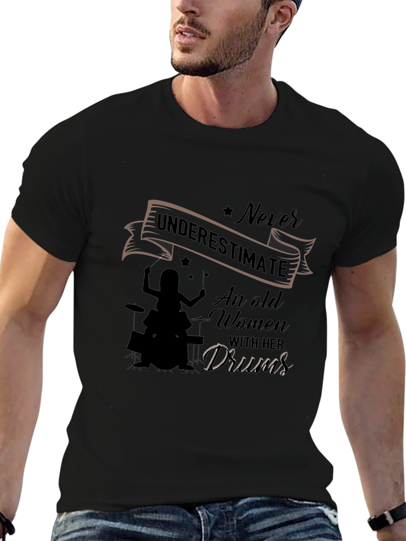 Never Underestimate Old Women Drums Black T-Shirt