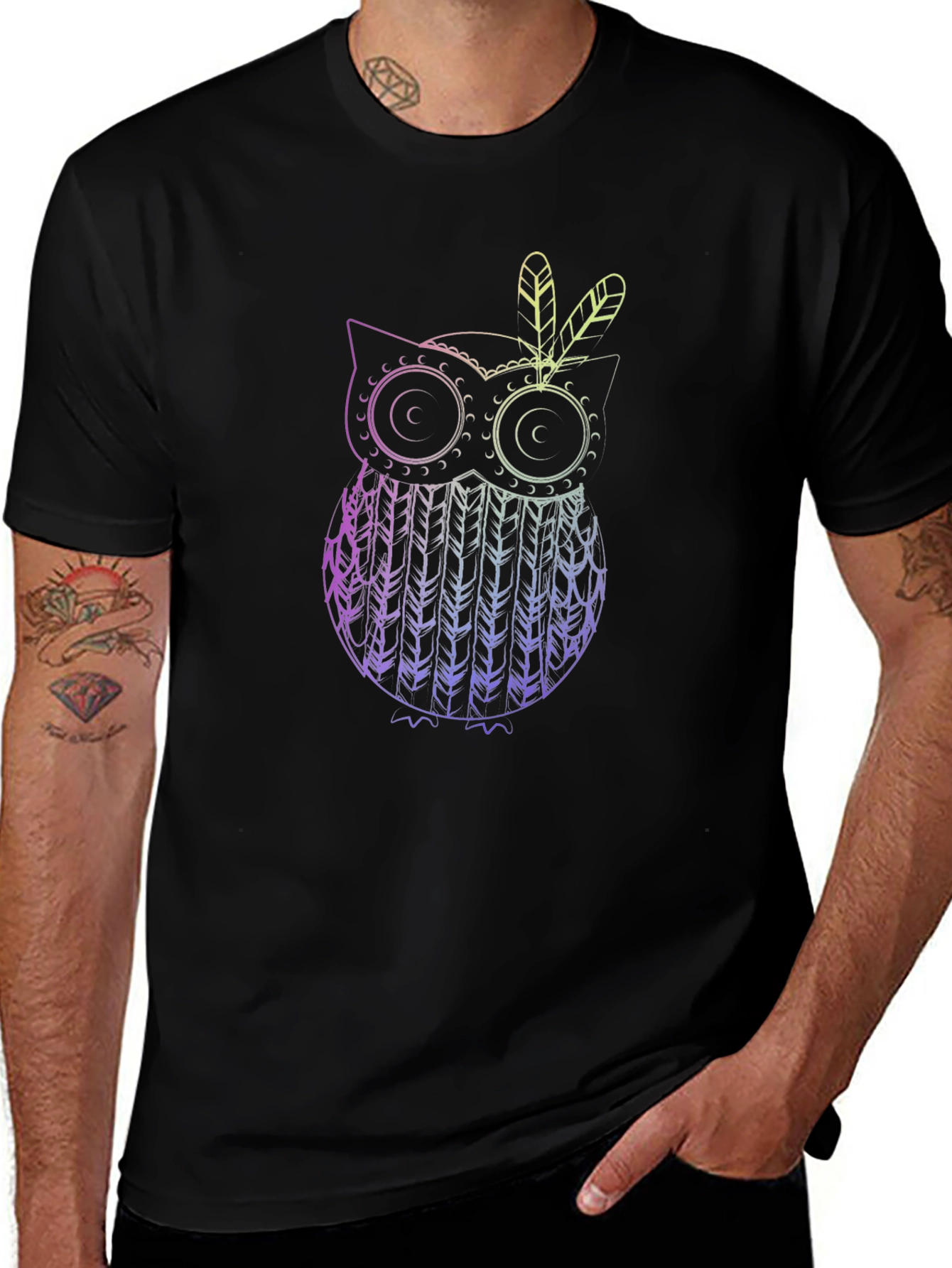 Owl Feather Graphic Black T-Shirt