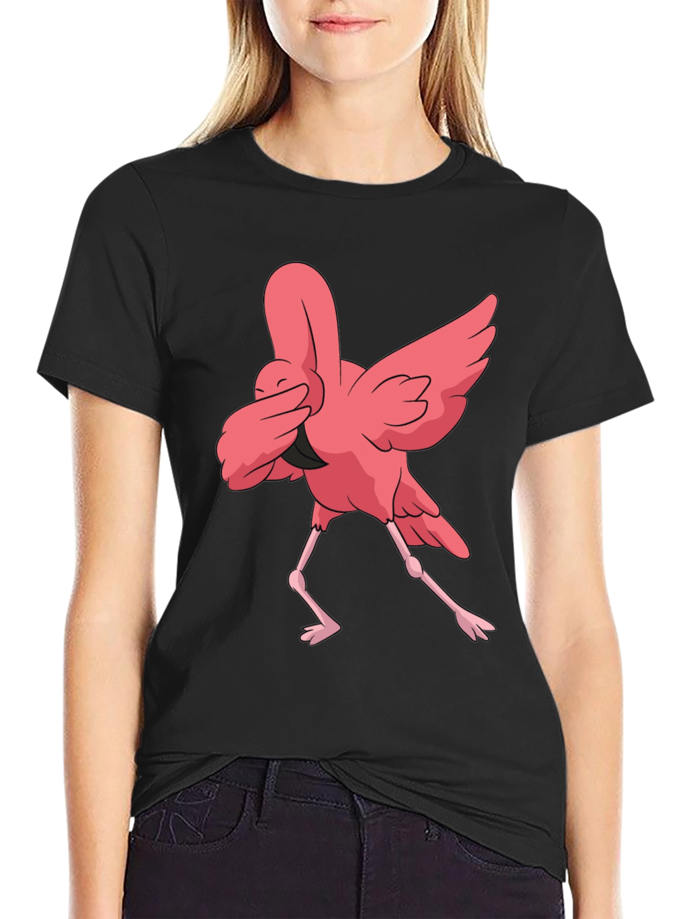 Dabbing Flamingo Graphic Tee - Black Casual T-Shirt