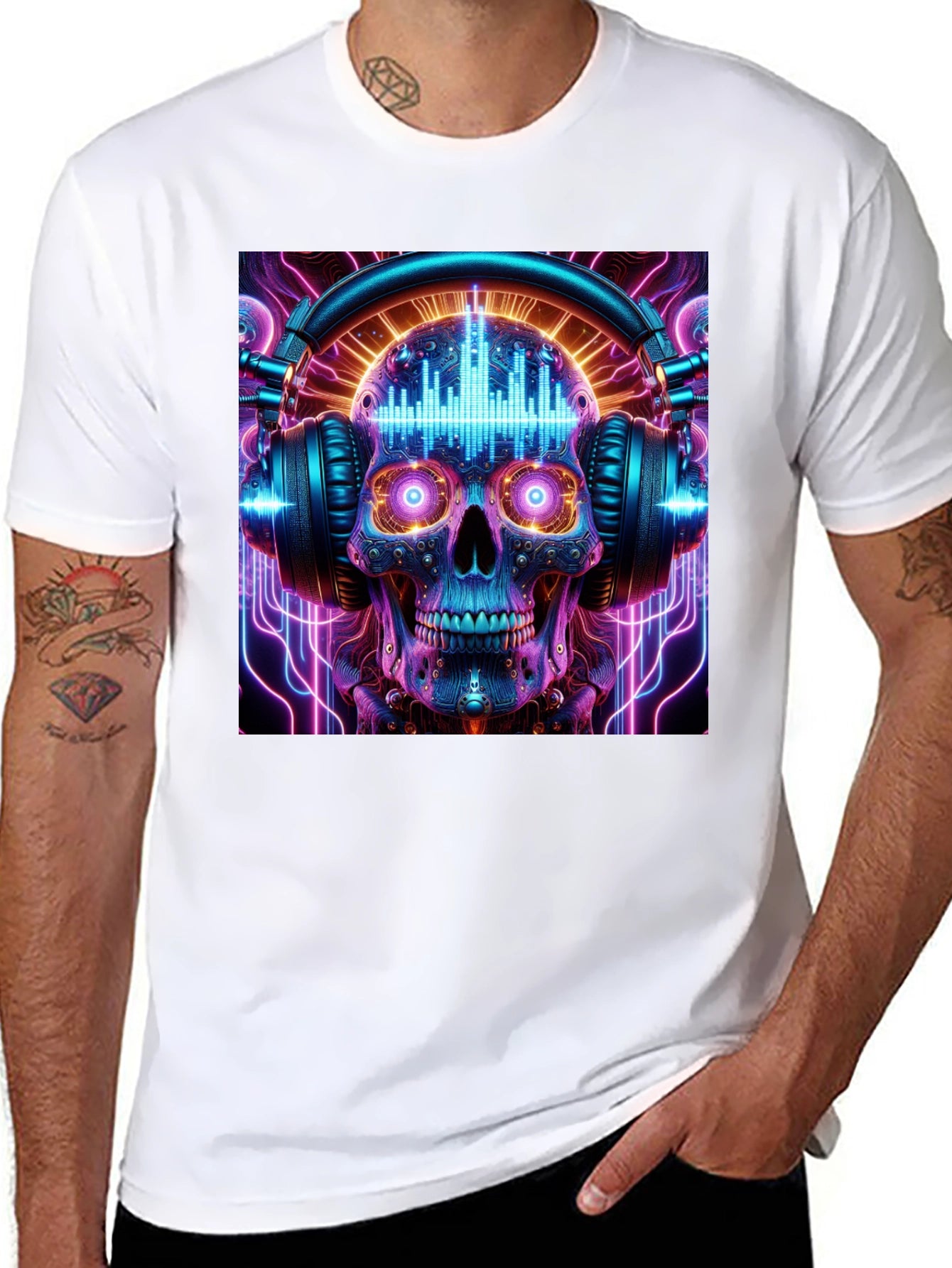 Skull Headphones Graphic Tee - Neon Rave Style