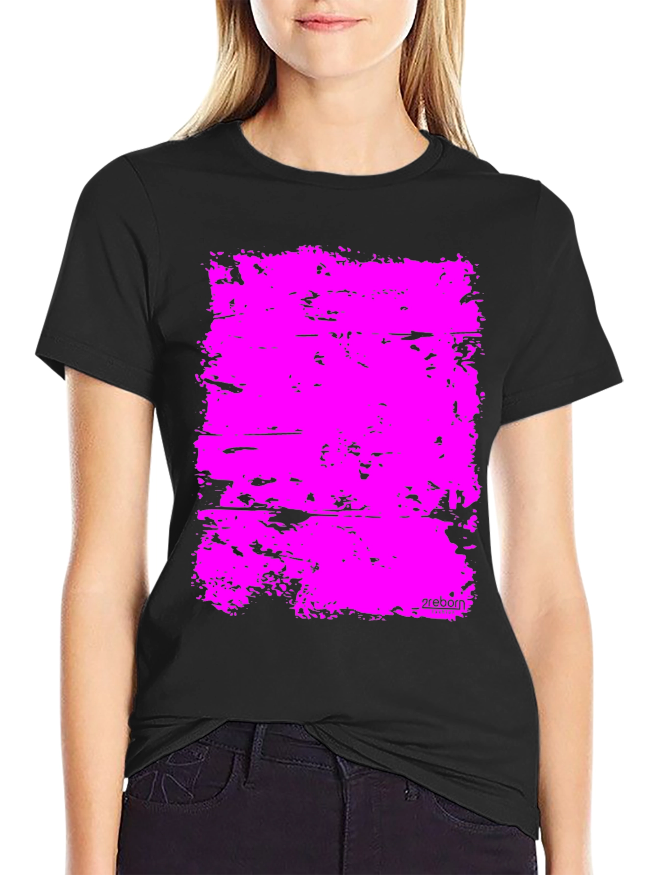 Bold Pink Abstract Graphic Black T-Shirt