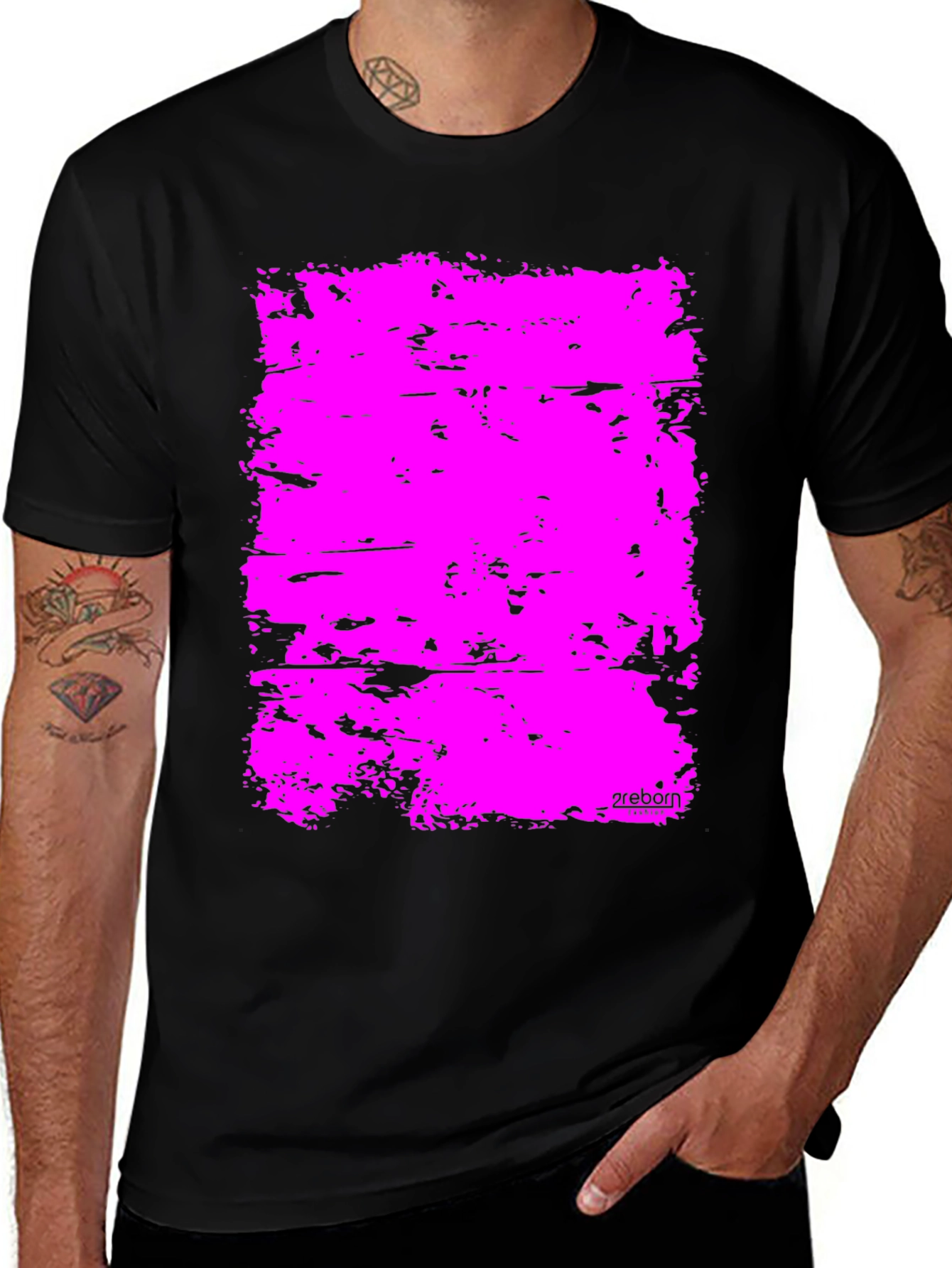 Bold Pink Abstract Graphic Black T-Shirt