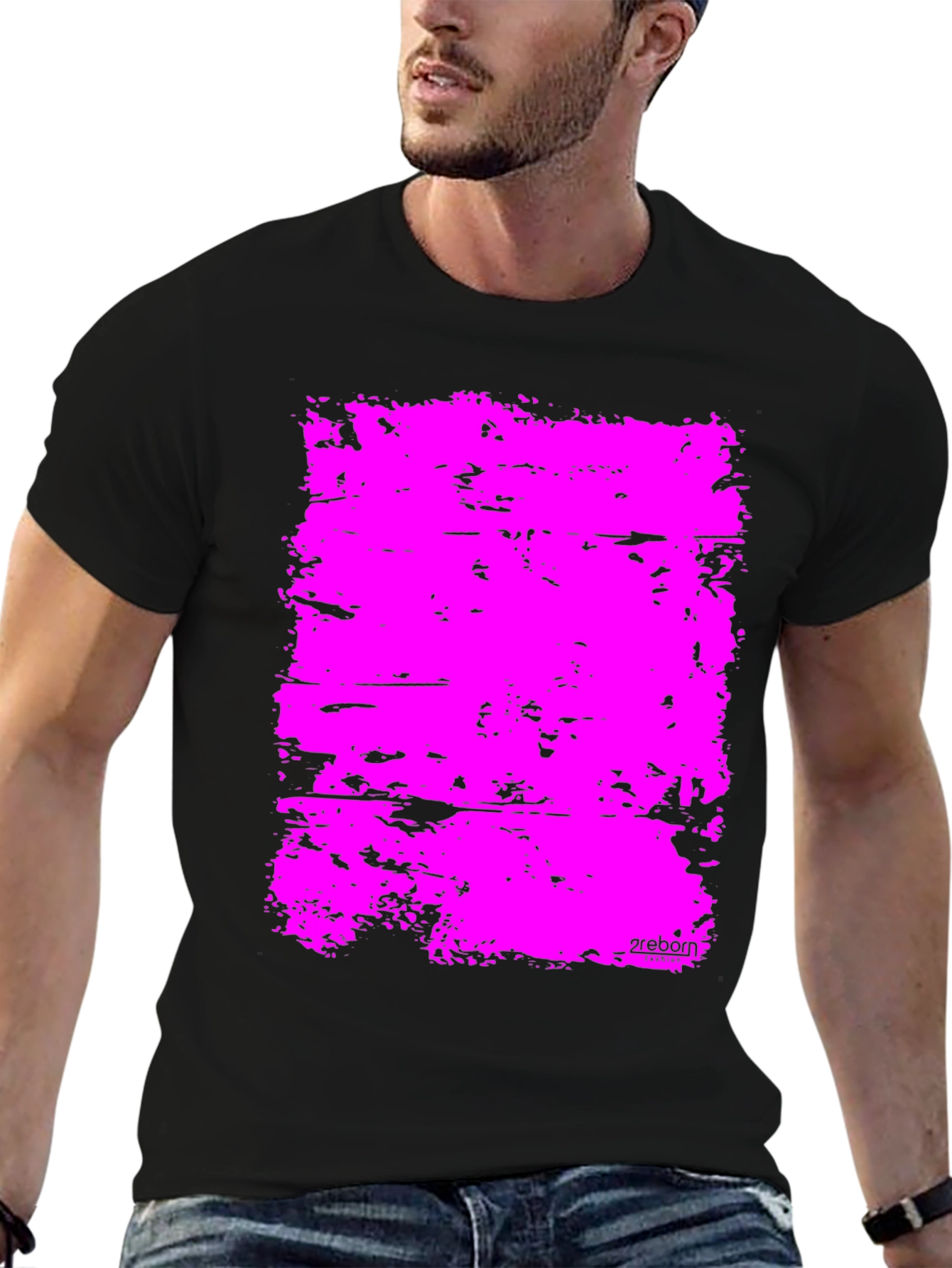 Bold Pink Abstract Graphic Black T-Shirt