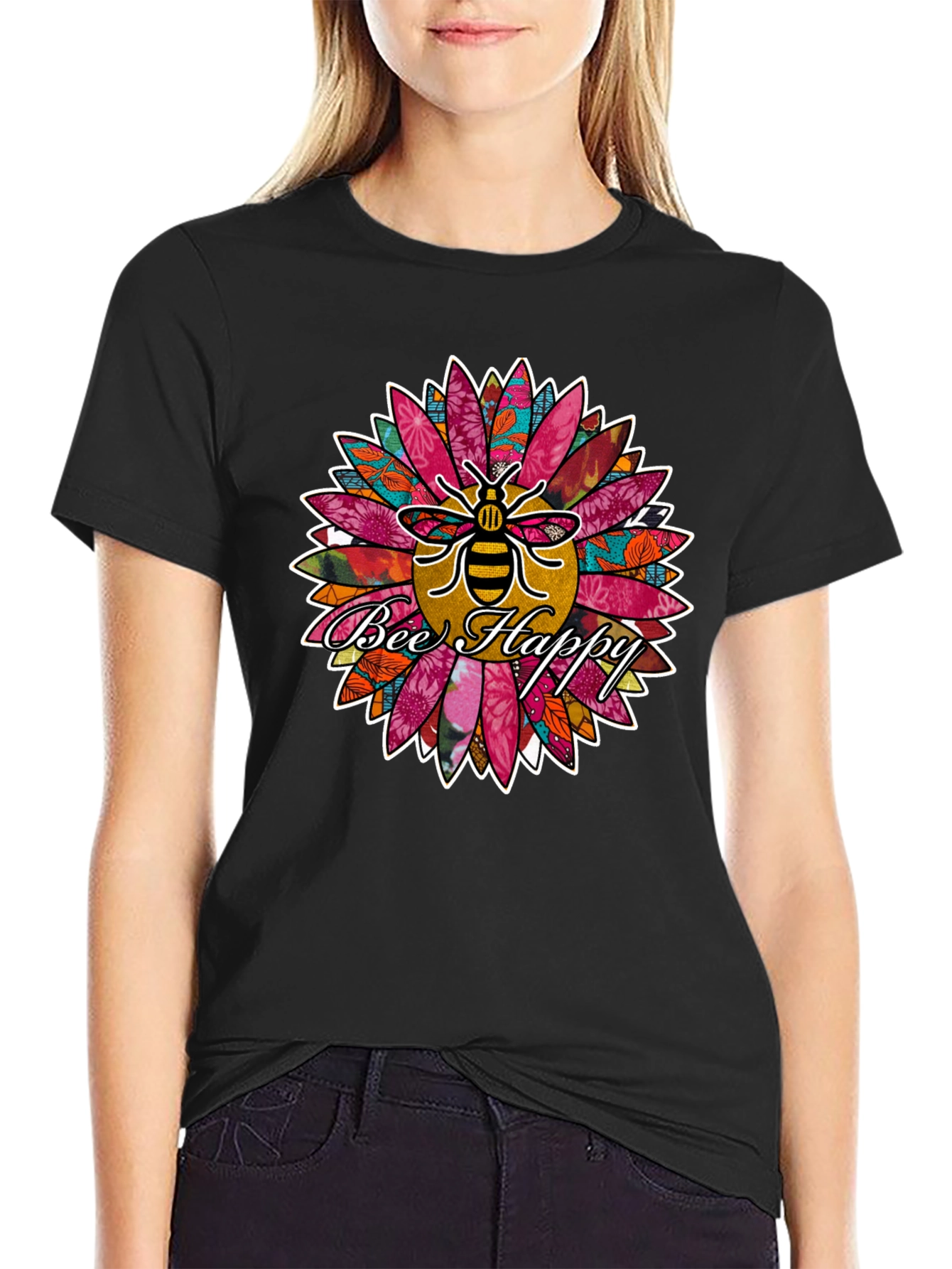 Bee Happy Sunflower Graphic Print Tee