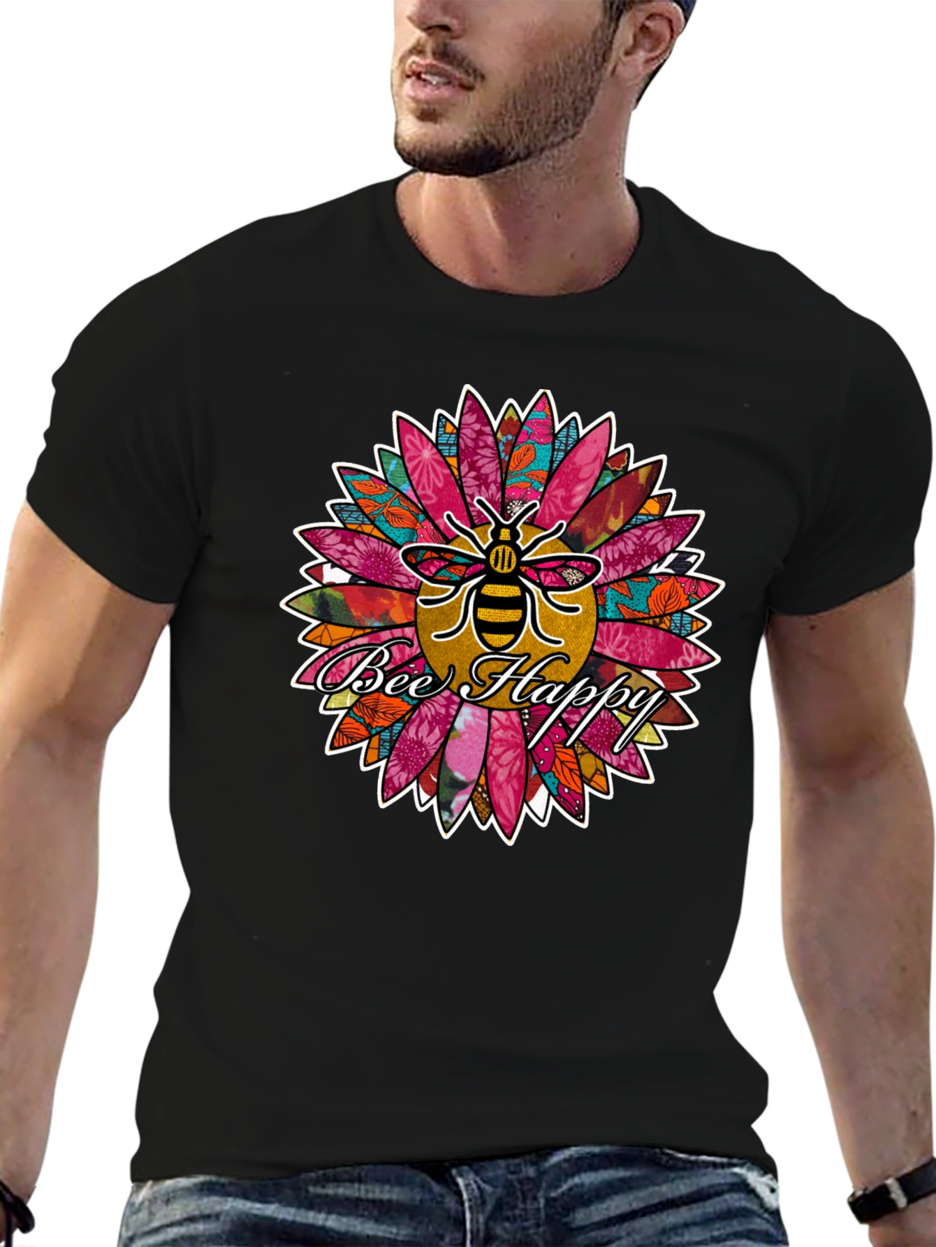 Bee Happy Sunflower Graphic Print Tee