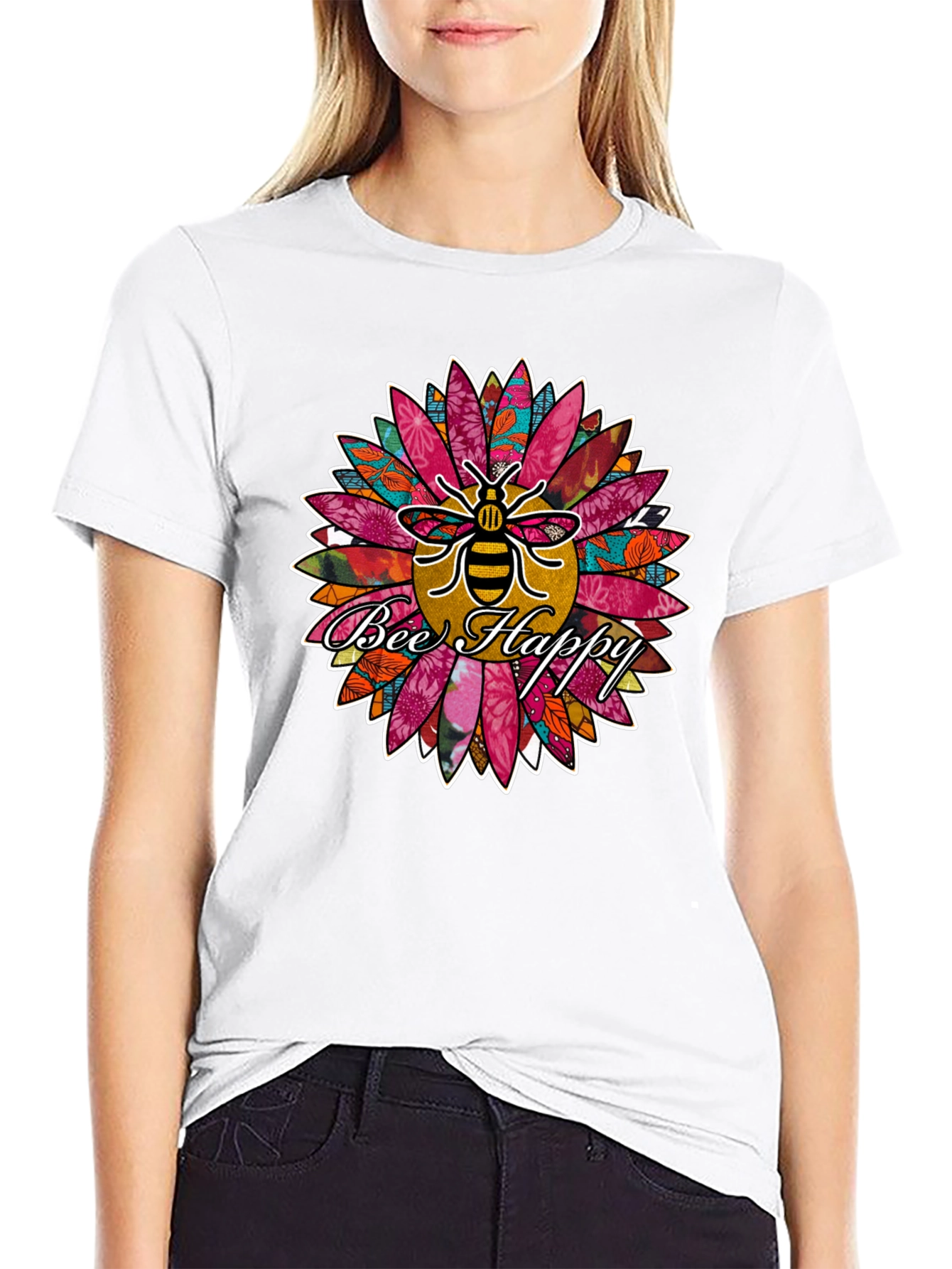 Bee Happy Sunflower Graphic Print Tee