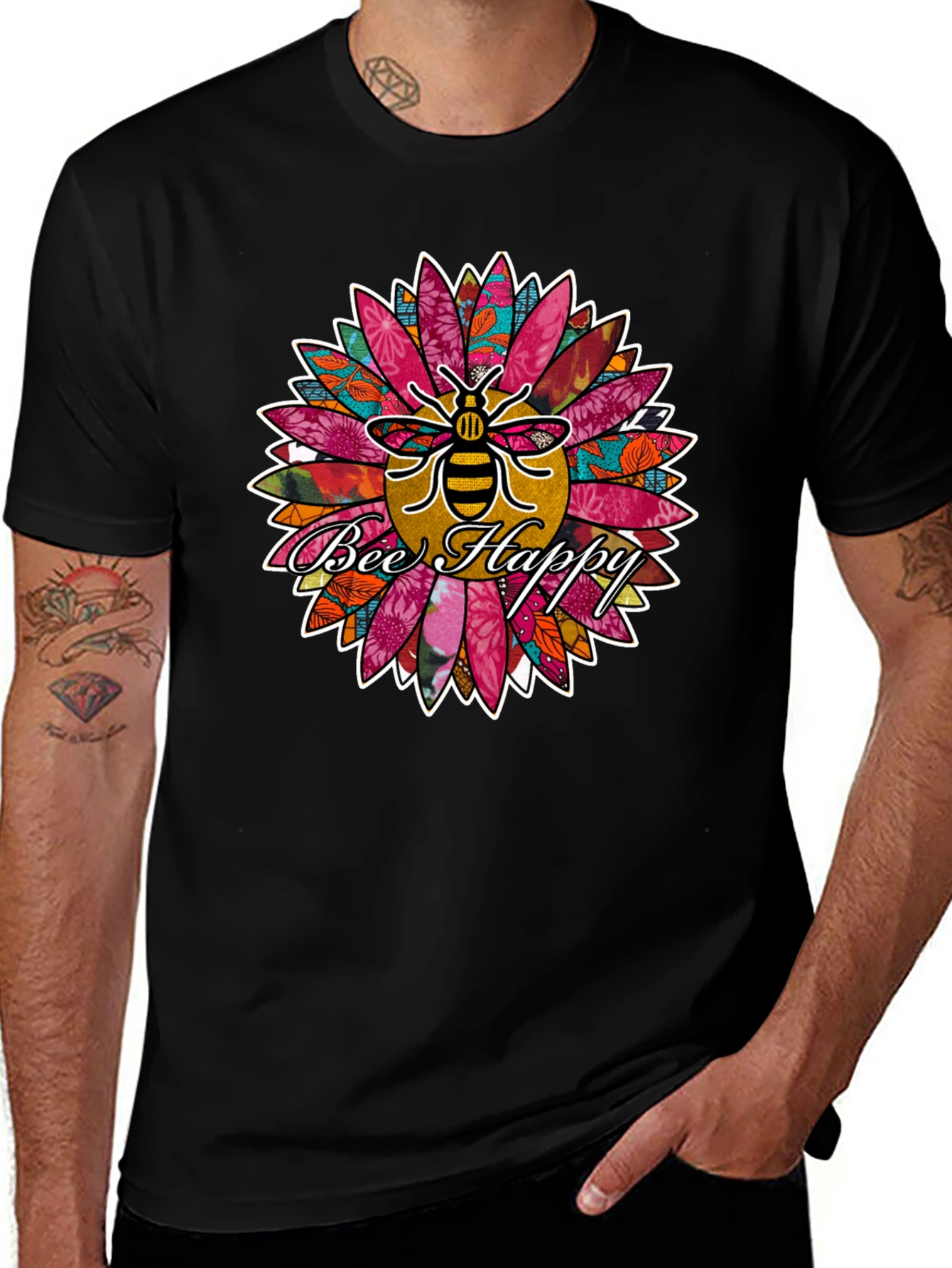 Bee Happy Sunflower Graphic Print Tee