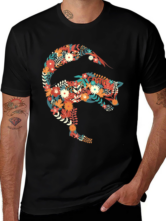 Floral Fox Graphic Print Black T-Shirt