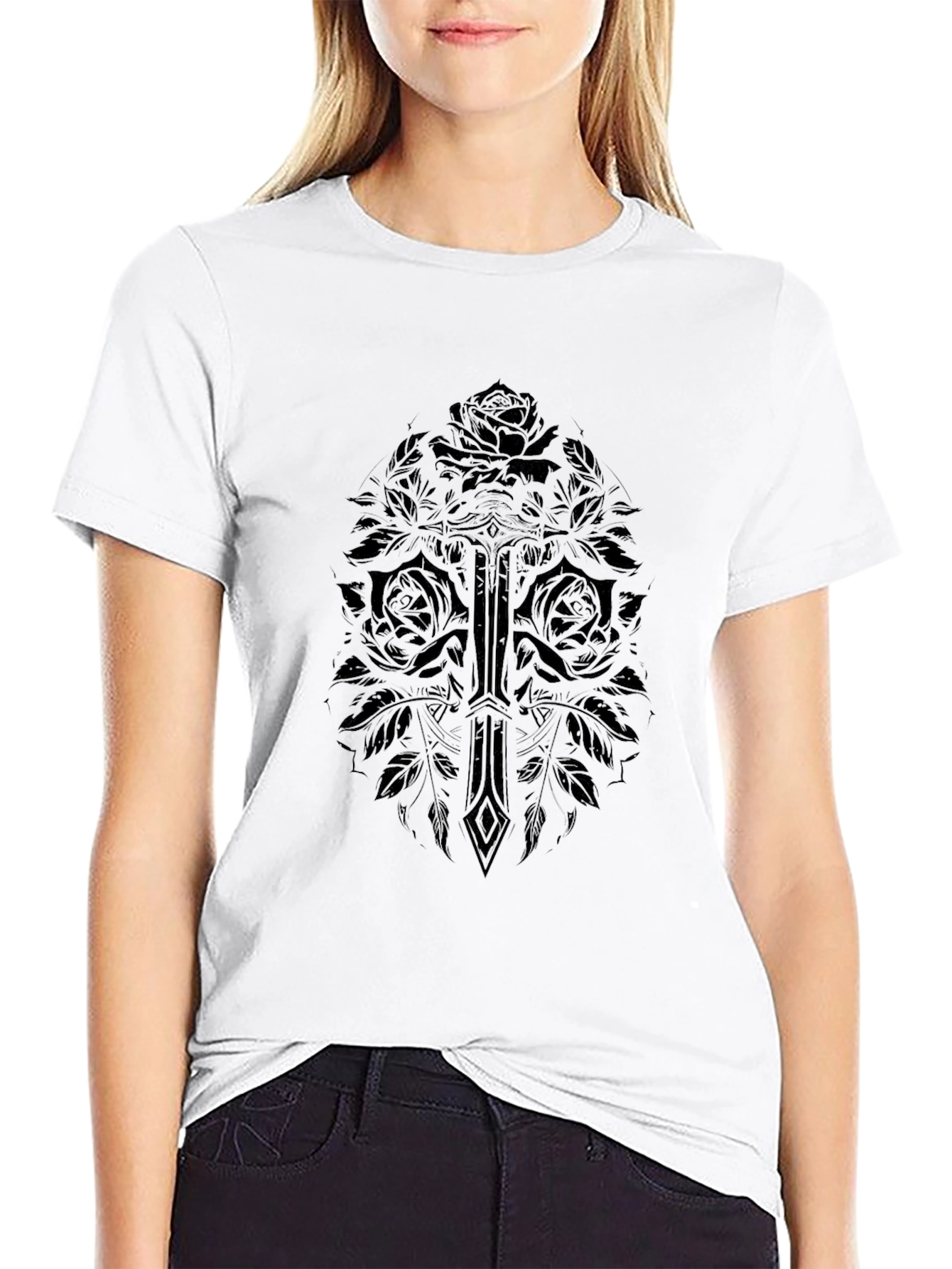 Gothic Rose & Sword Graphic Black T-Shirt