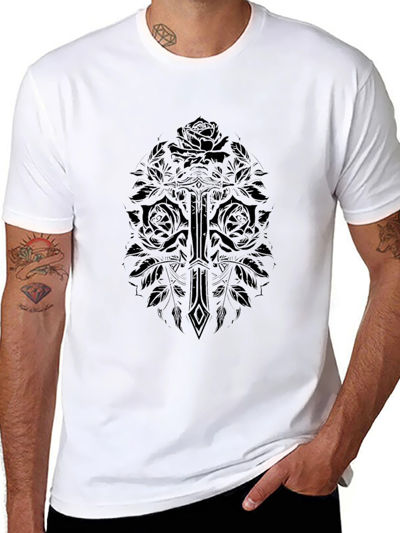 Gothic Rose & Sword Graphic Black T-Shirt