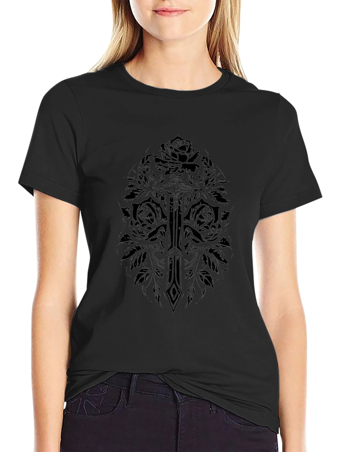 Gothic Rose & Sword Graphic Black T-Shirt
