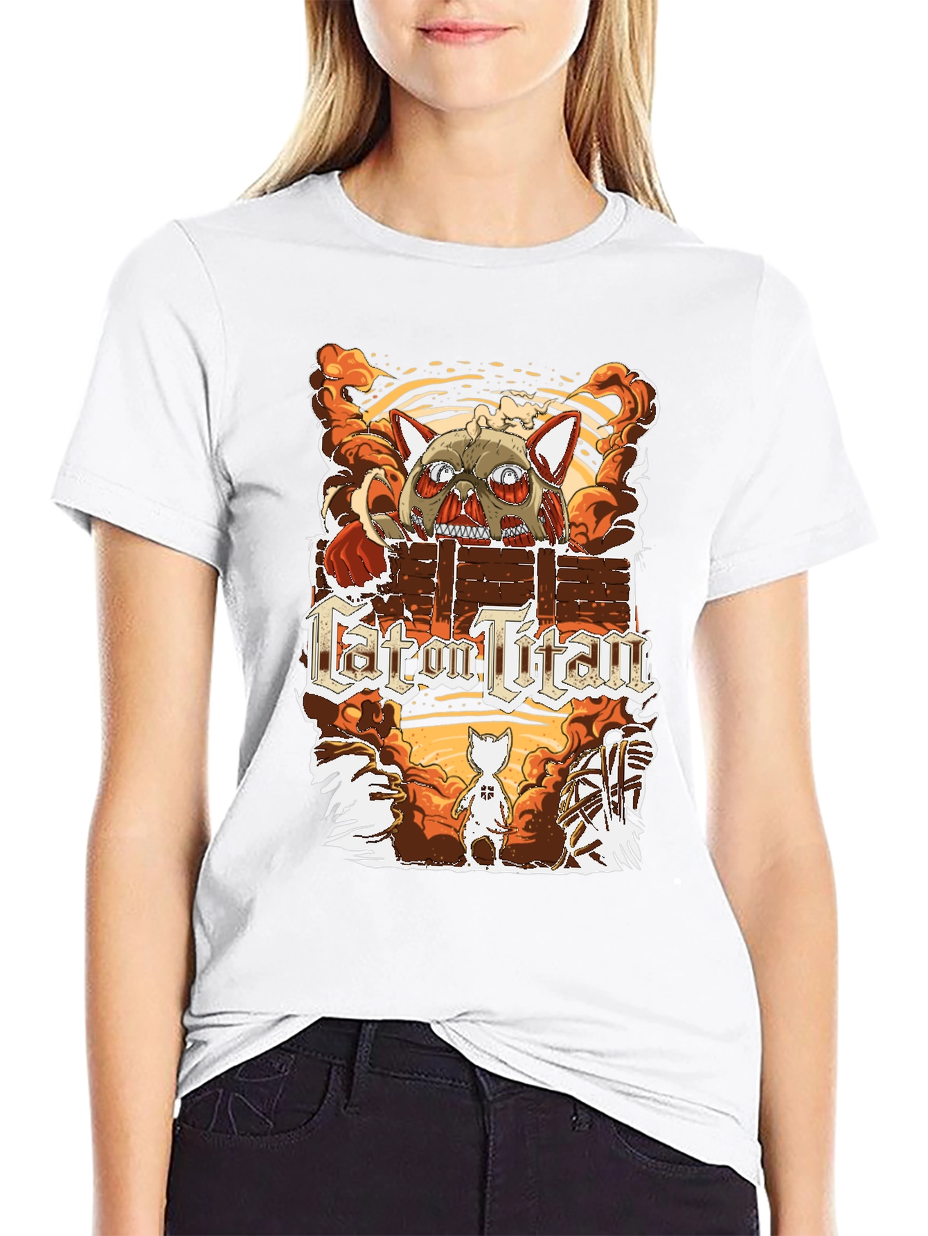 Cat on Titan T-Shirt Funny Anime Parody Tee