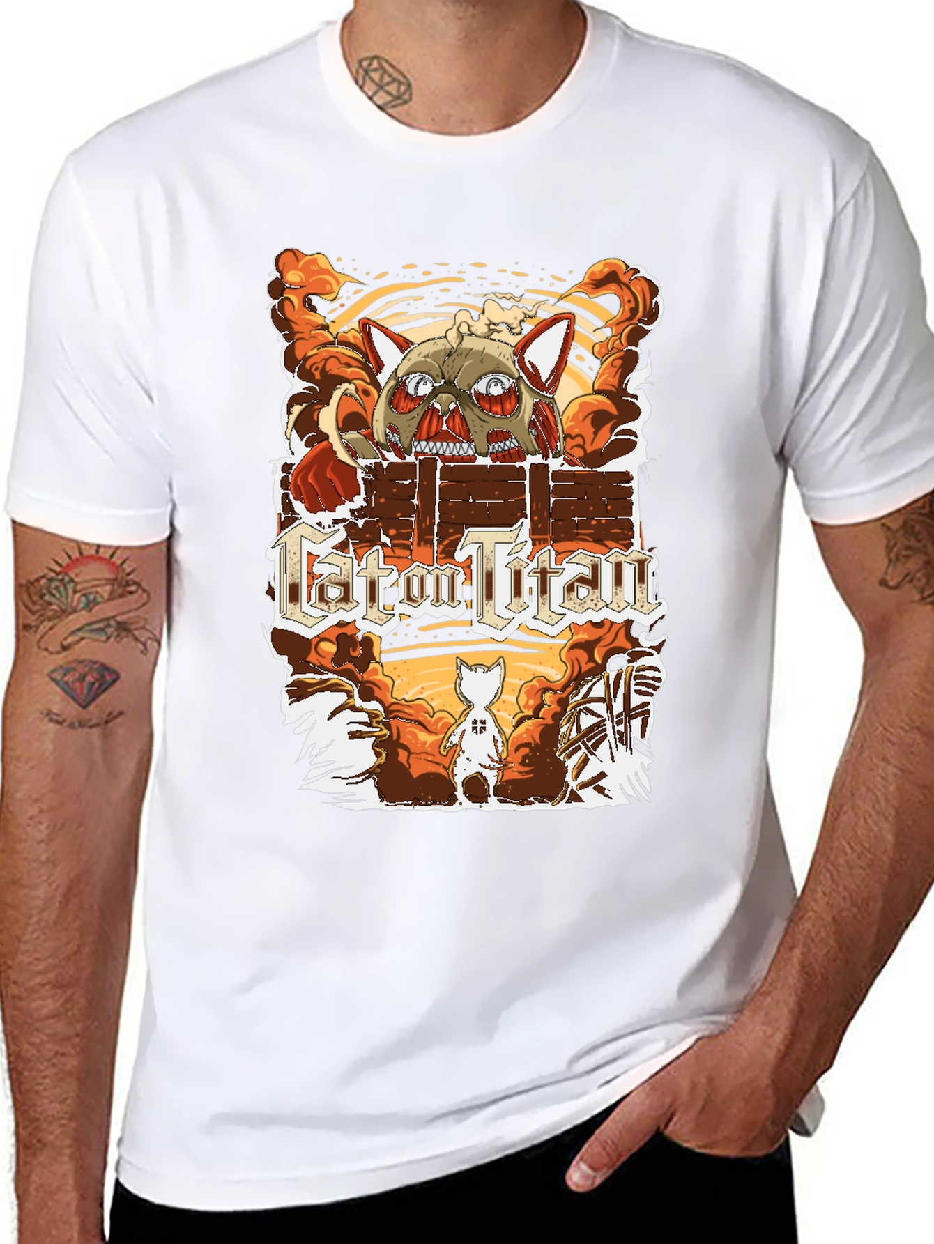 Cat on Titan T-Shirt Funny Anime Parody Tee