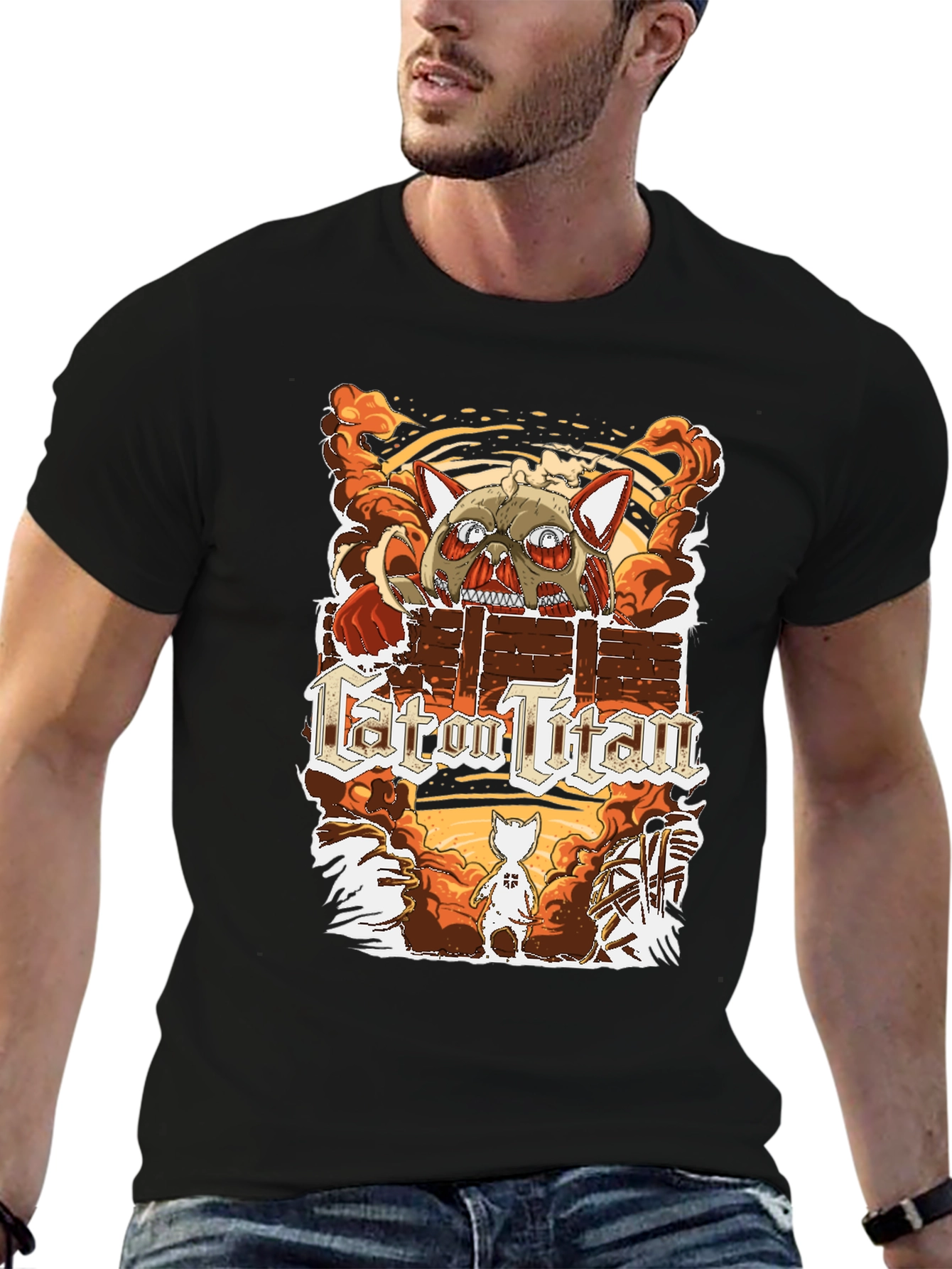 Cat on Titan T-Shirt Funny Anime Parody Tee