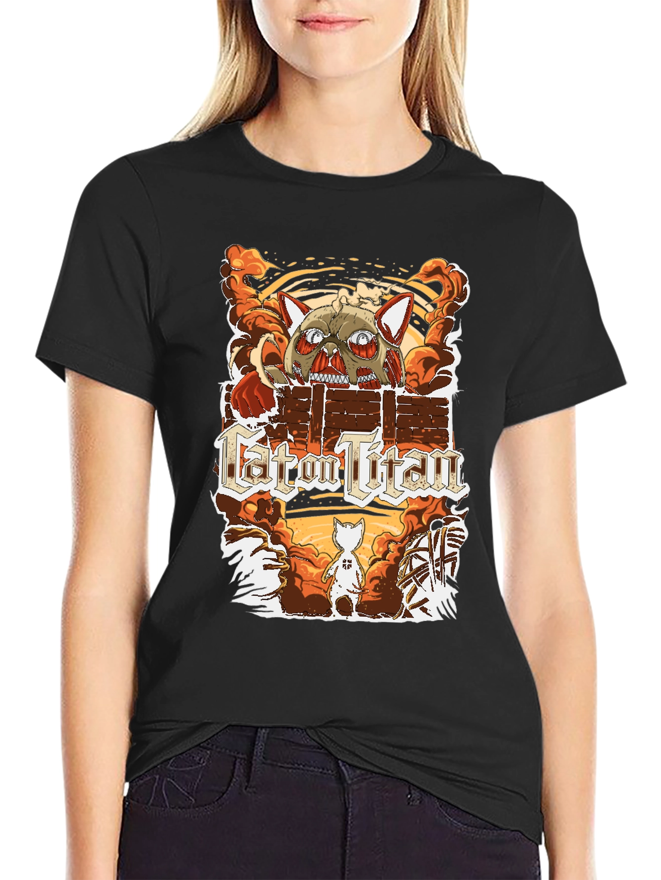 Cat on Titan T-Shirt Funny Anime Parody Tee