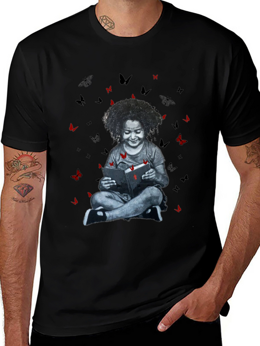 Girl Reading Book with Butterfly T-Shirt