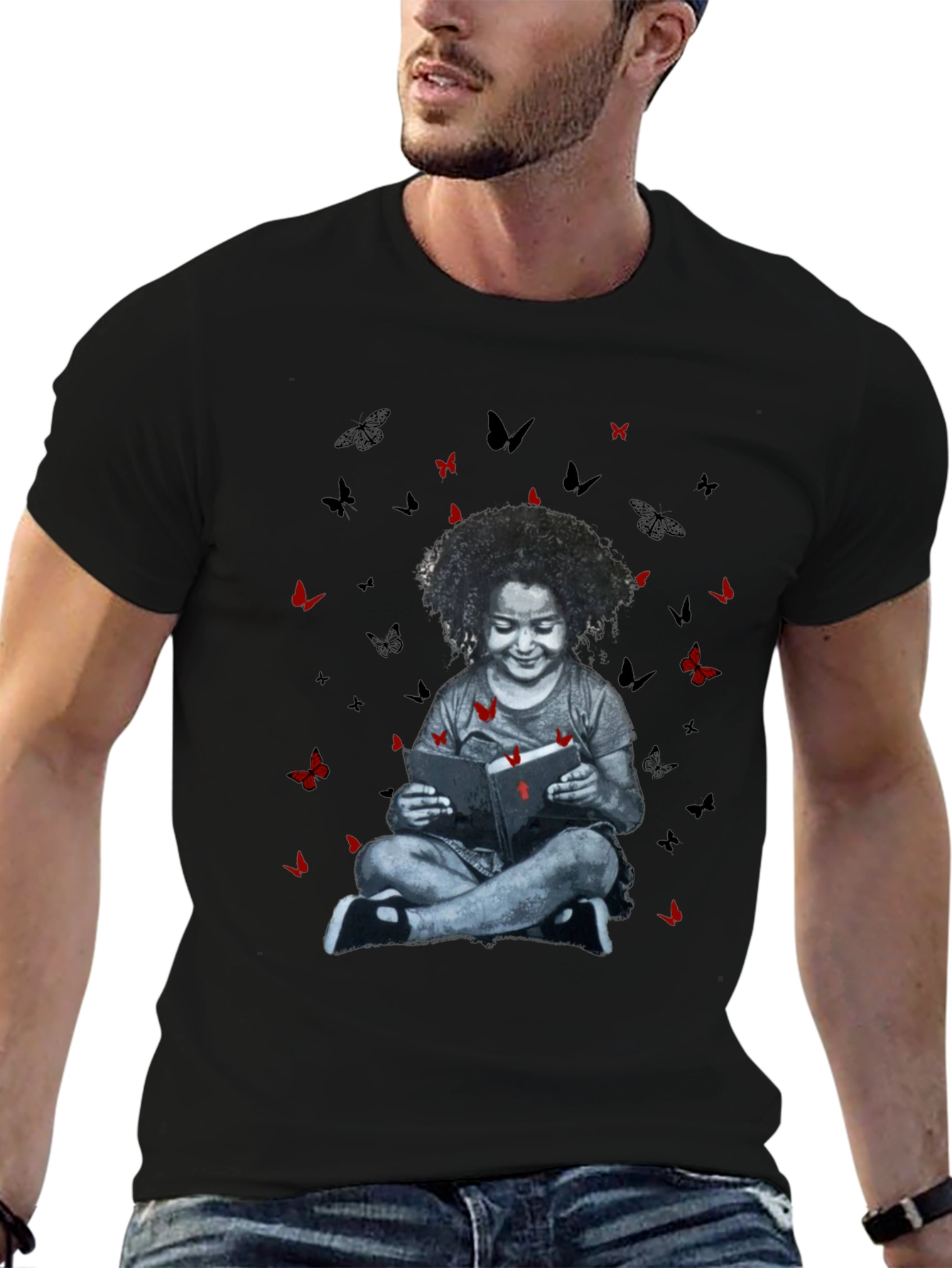 Girl Reading Book with Butterfly T-Shirt