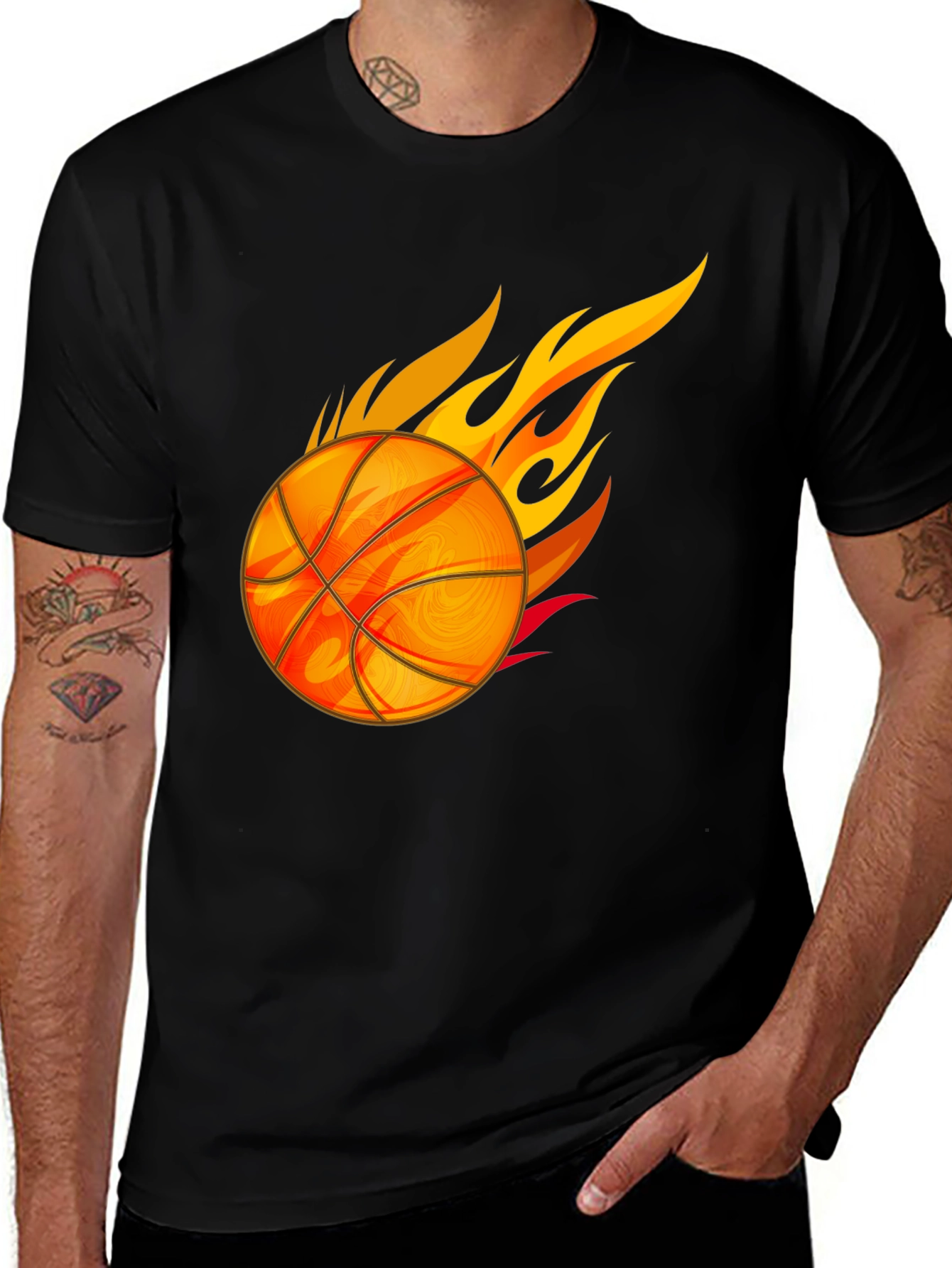 Fiery Basketball Graphic Tee - Black Cotton T-Shirt