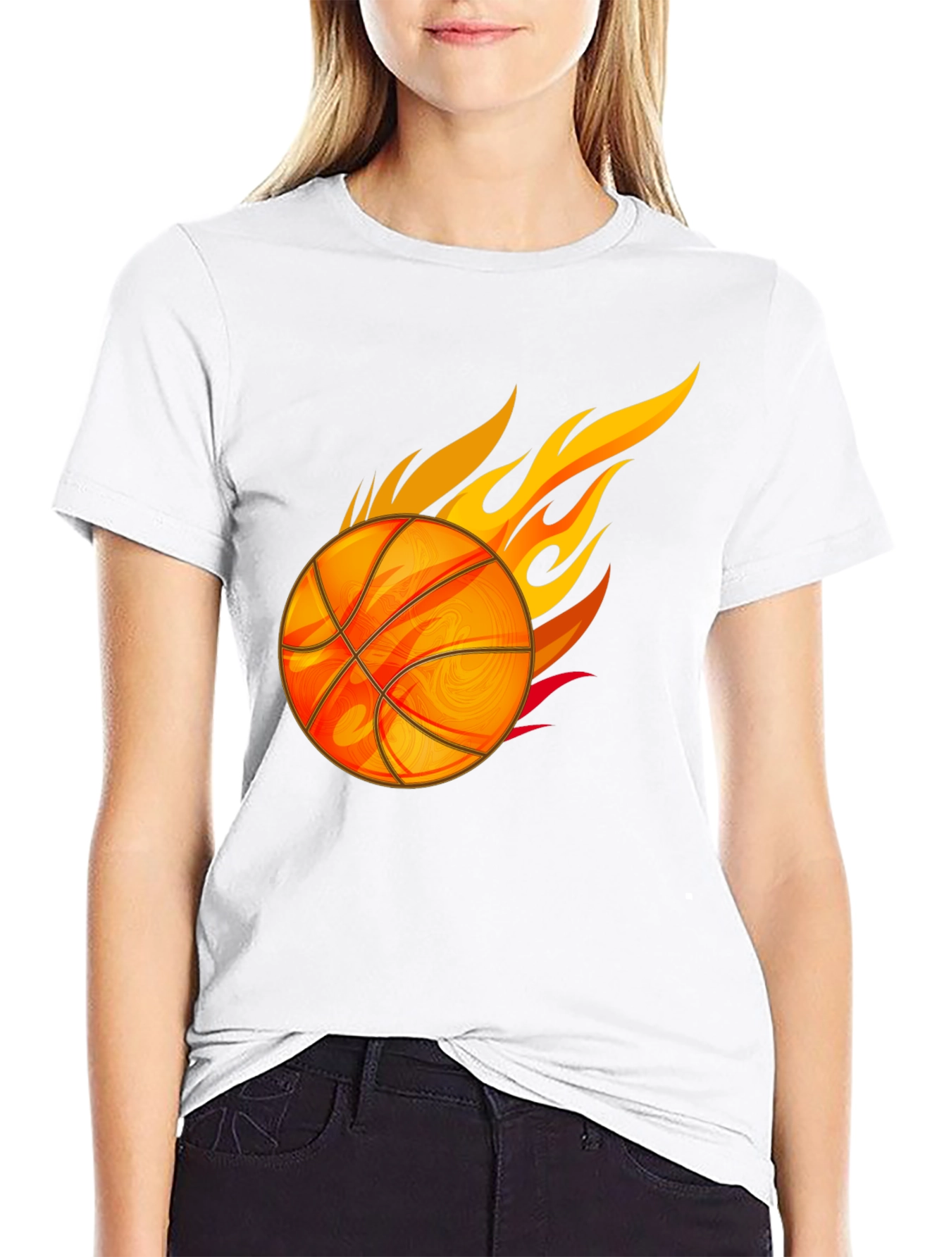 Fiery Basketball Graphic Tee - Black Cotton T-Shirt