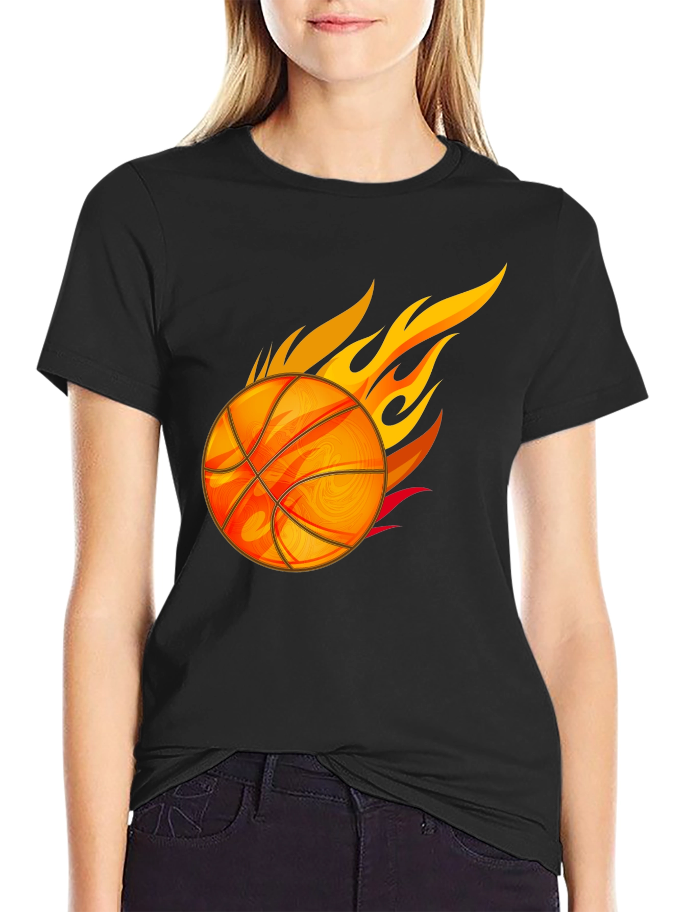 Fiery Basketball Graphic Tee - Black Cotton T-Shirt