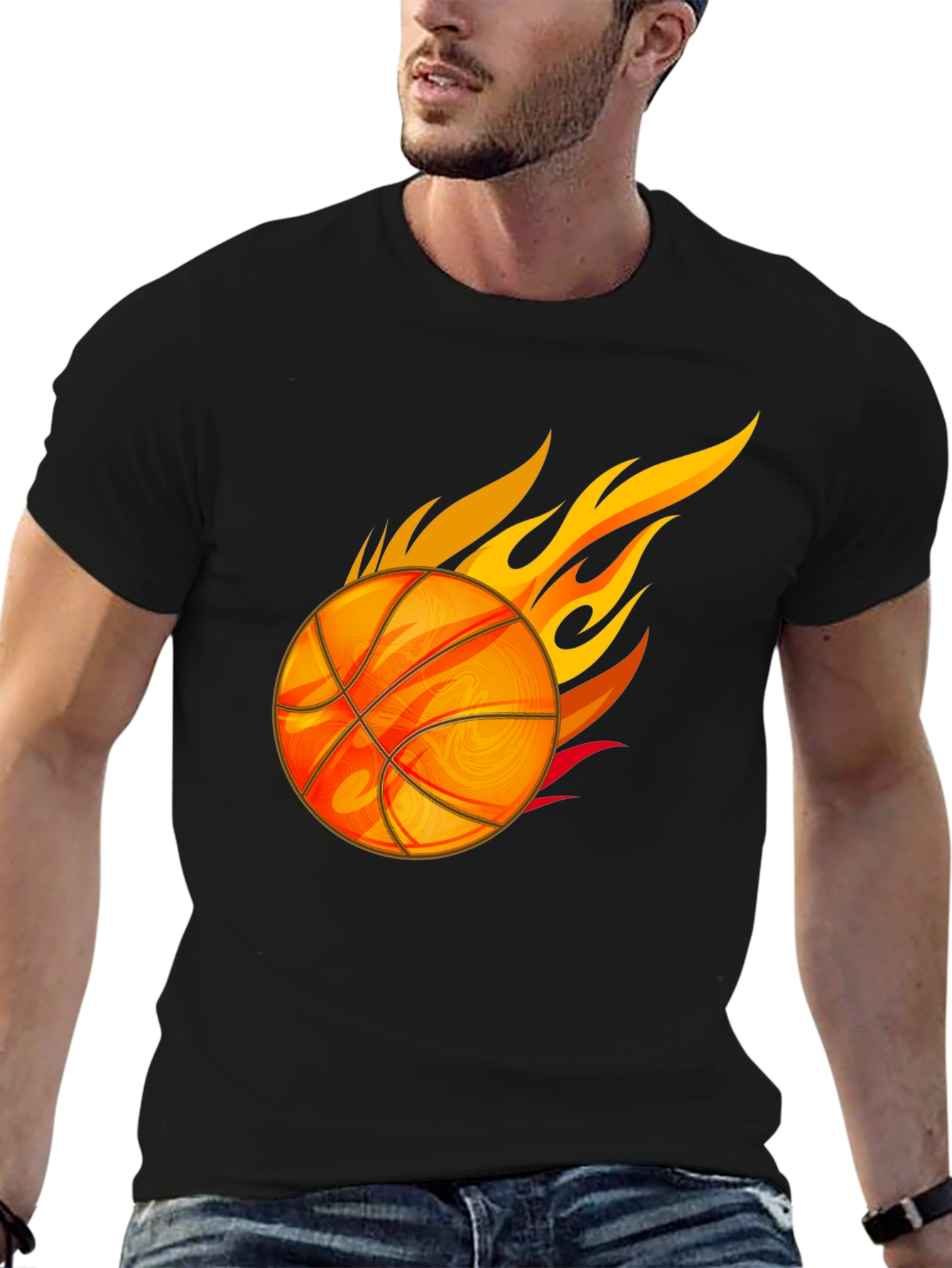 Fiery Basketball Graphic Tee - Black Cotton T-Shirt