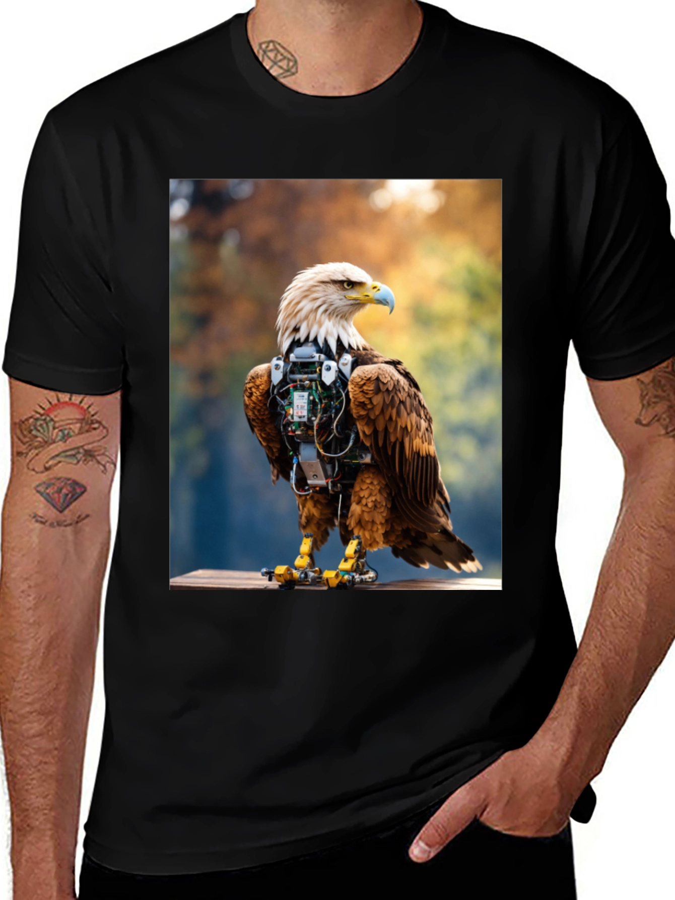 Cybernetic Eagle Graphic Tee - Black Cotton