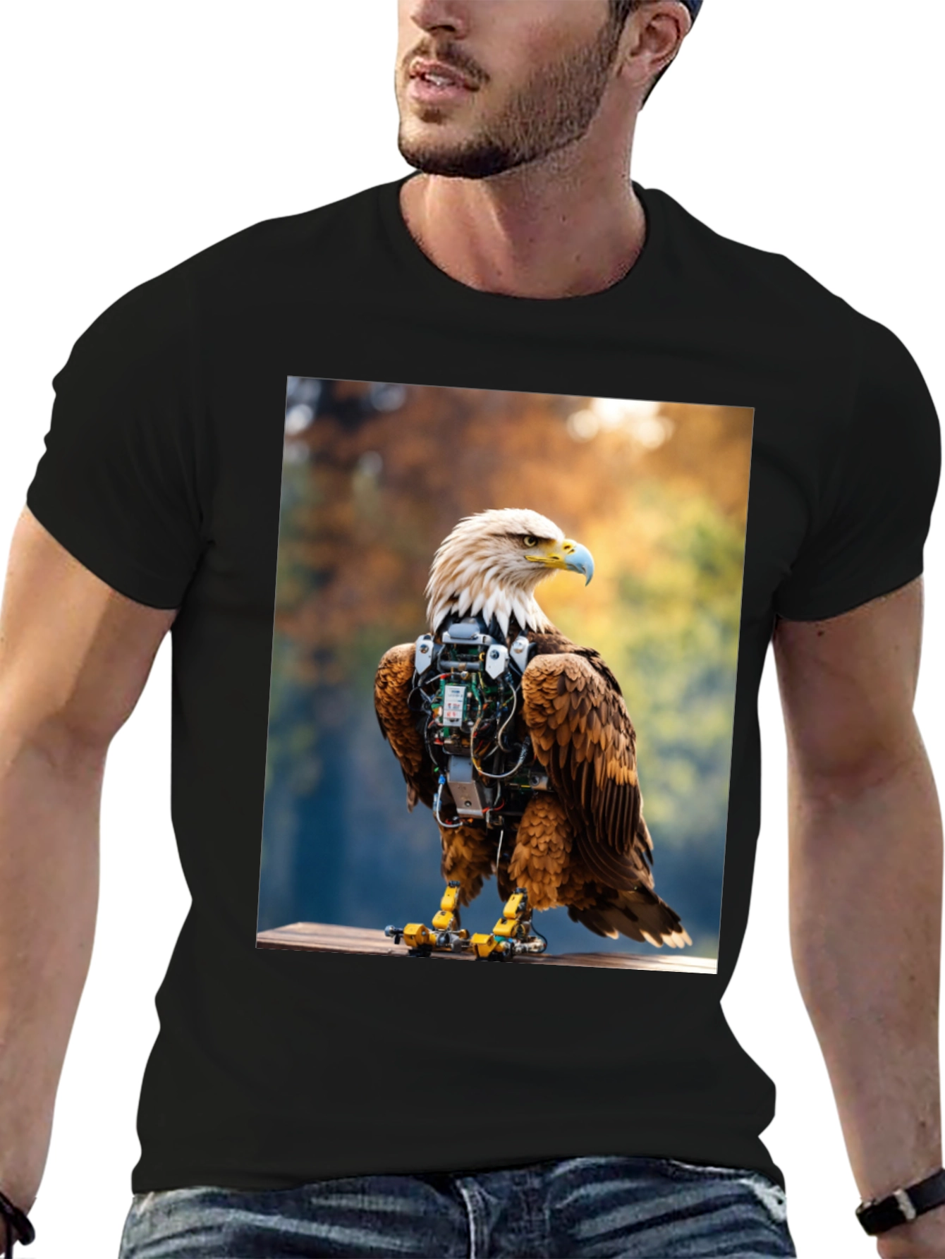 Cybernetic Eagle Graphic Tee - Black Cotton