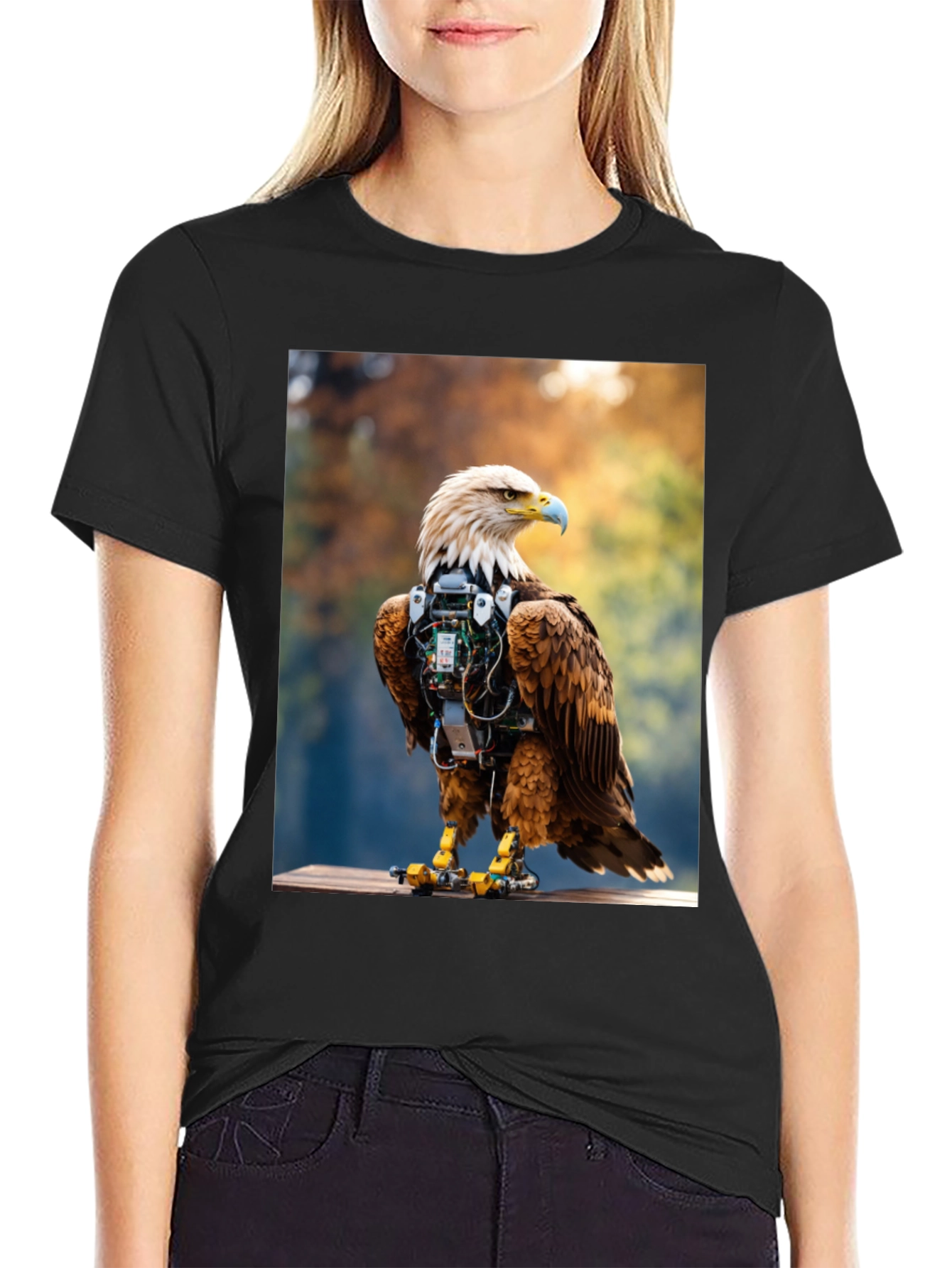 Cybernetic Eagle Graphic Tee - Black Cotton