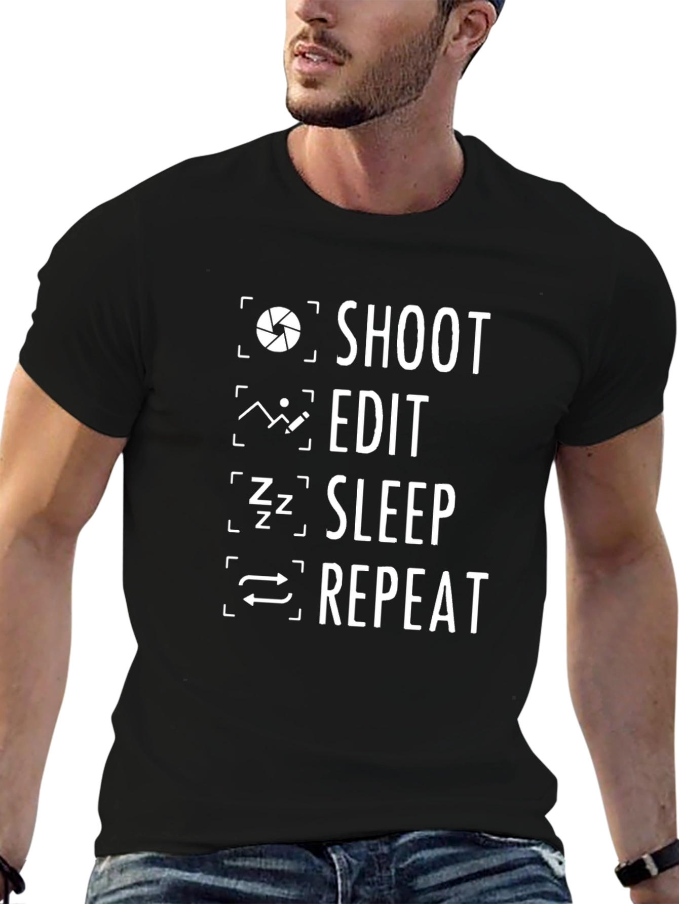 Shoot Edit Sleep Repeat Black Graphic T-Shirt