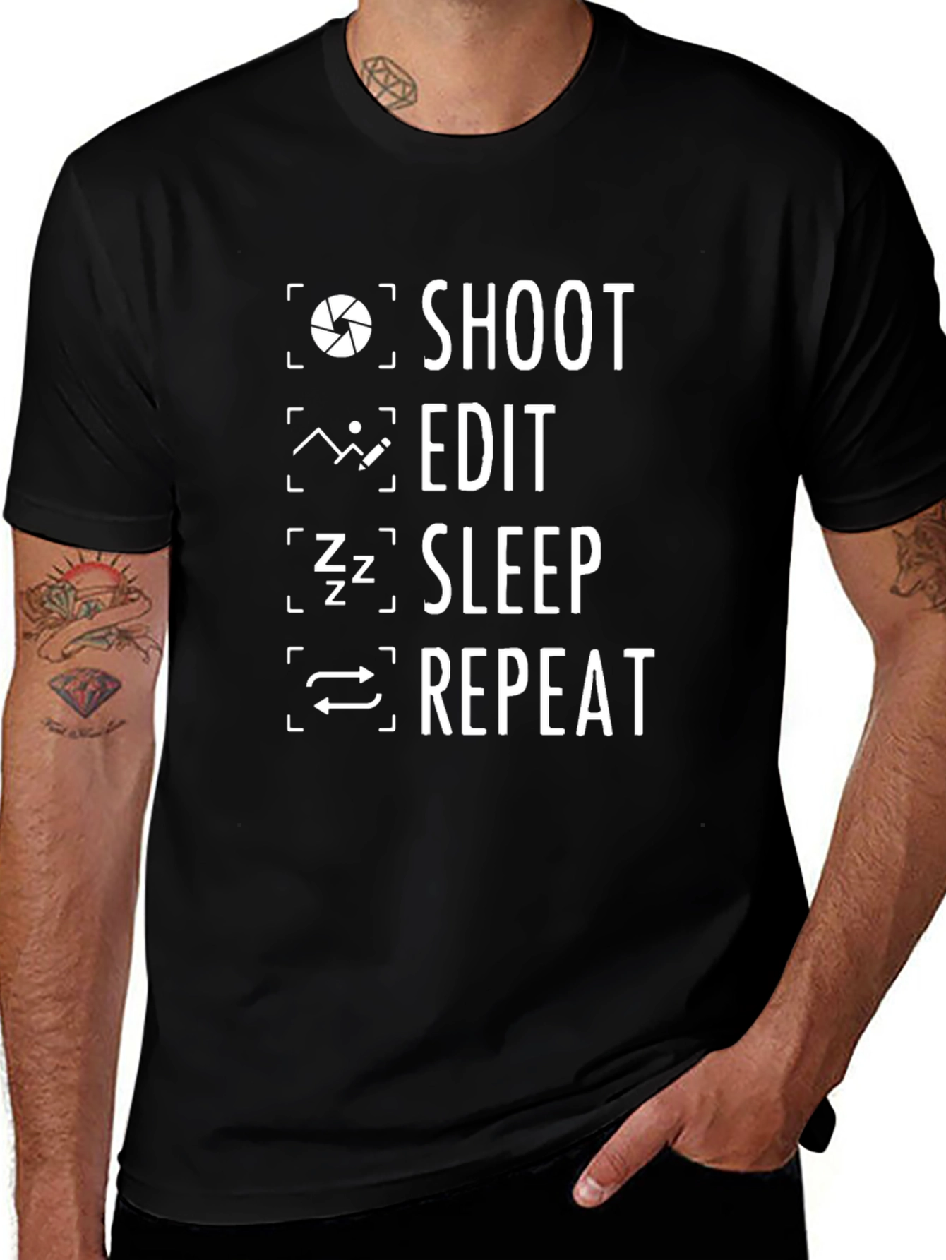 Shoot Edit Sleep Repeat Black Graphic T-Shirt