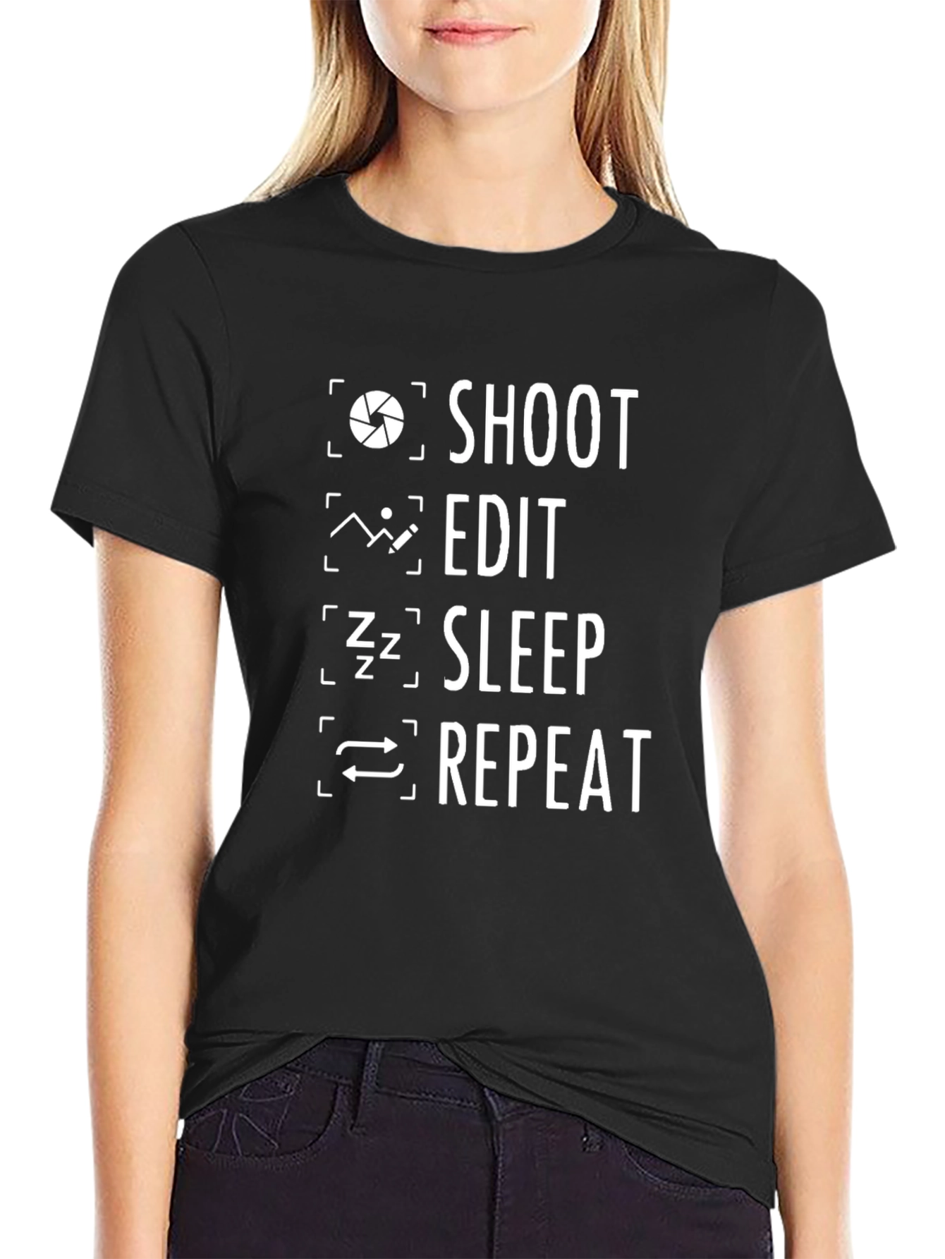 Shoot Edit Sleep Repeat Black Graphic T-Shirt