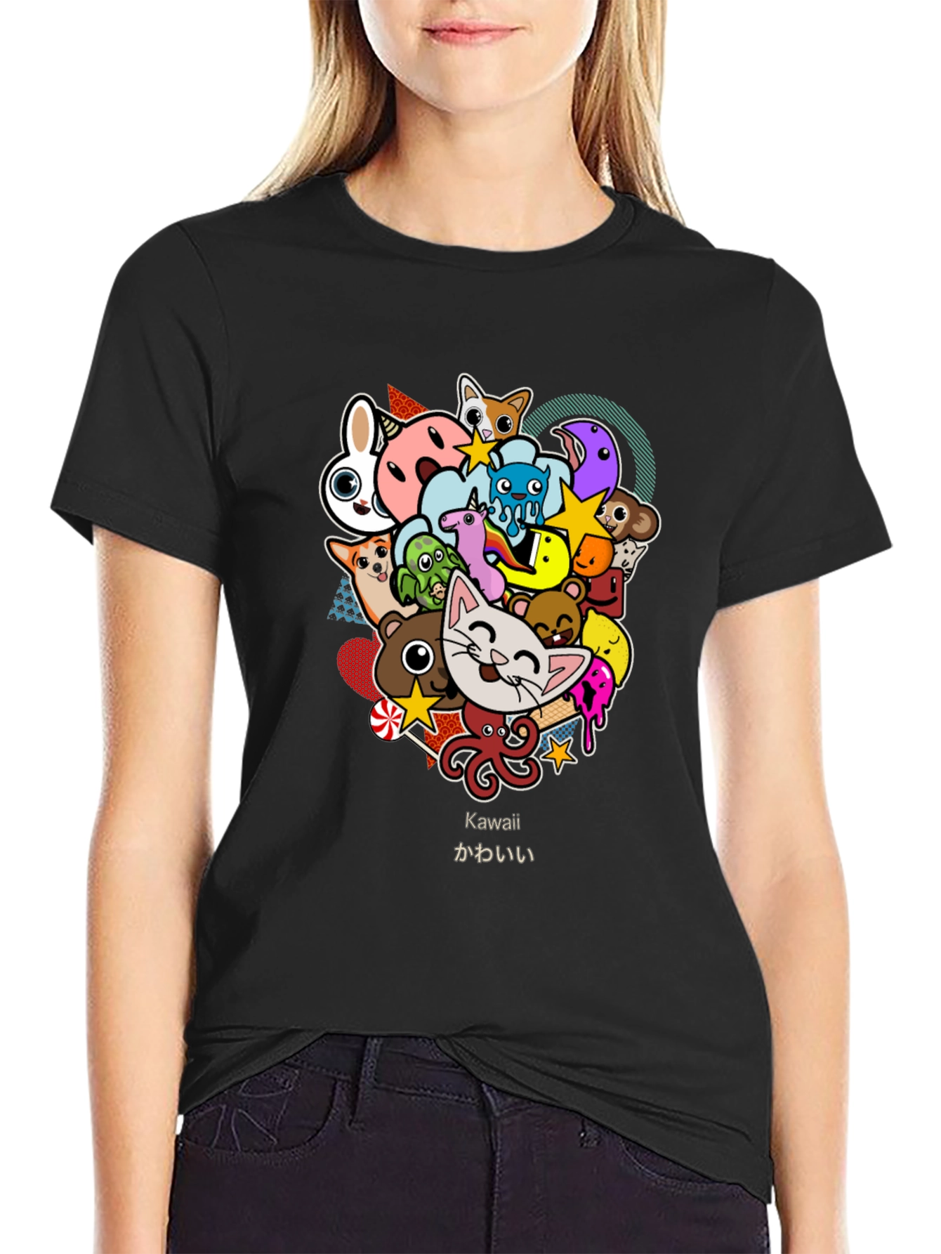 Kawaii Animal Cartoon Black T-Shirt