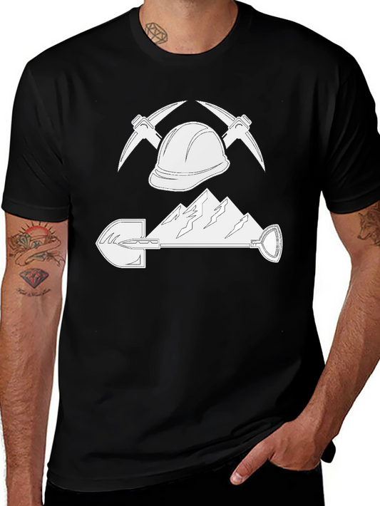 Miners T-Shirt: Hard Hat Pickaxes Mountain Shovel - Black Tee