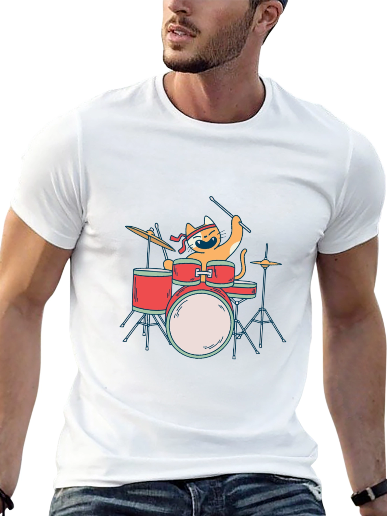 Cat Drummer T-Shirt - Playful Music Lover Tee