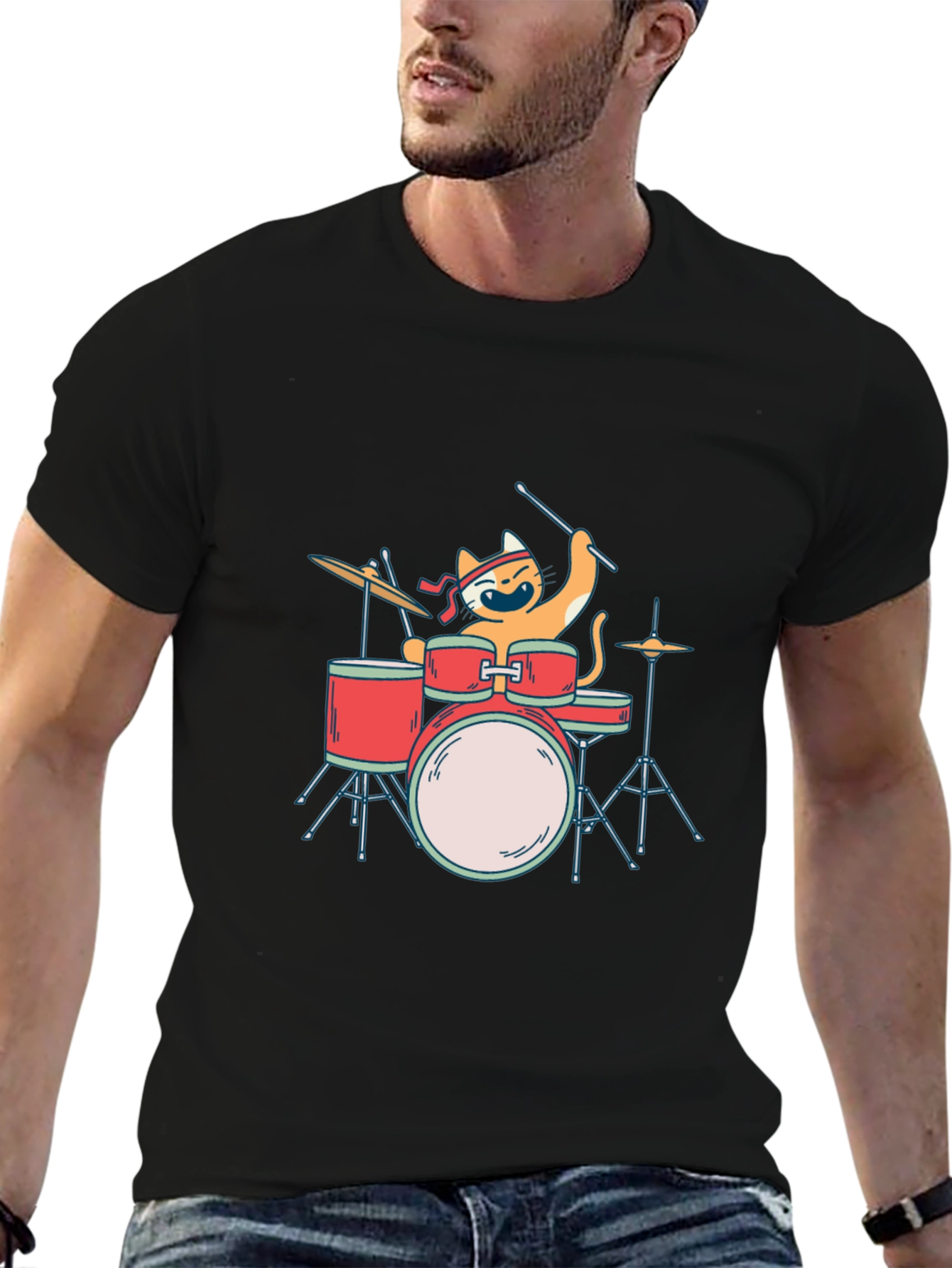 Cat Drummer T-Shirt - Playful Music Lover Tee