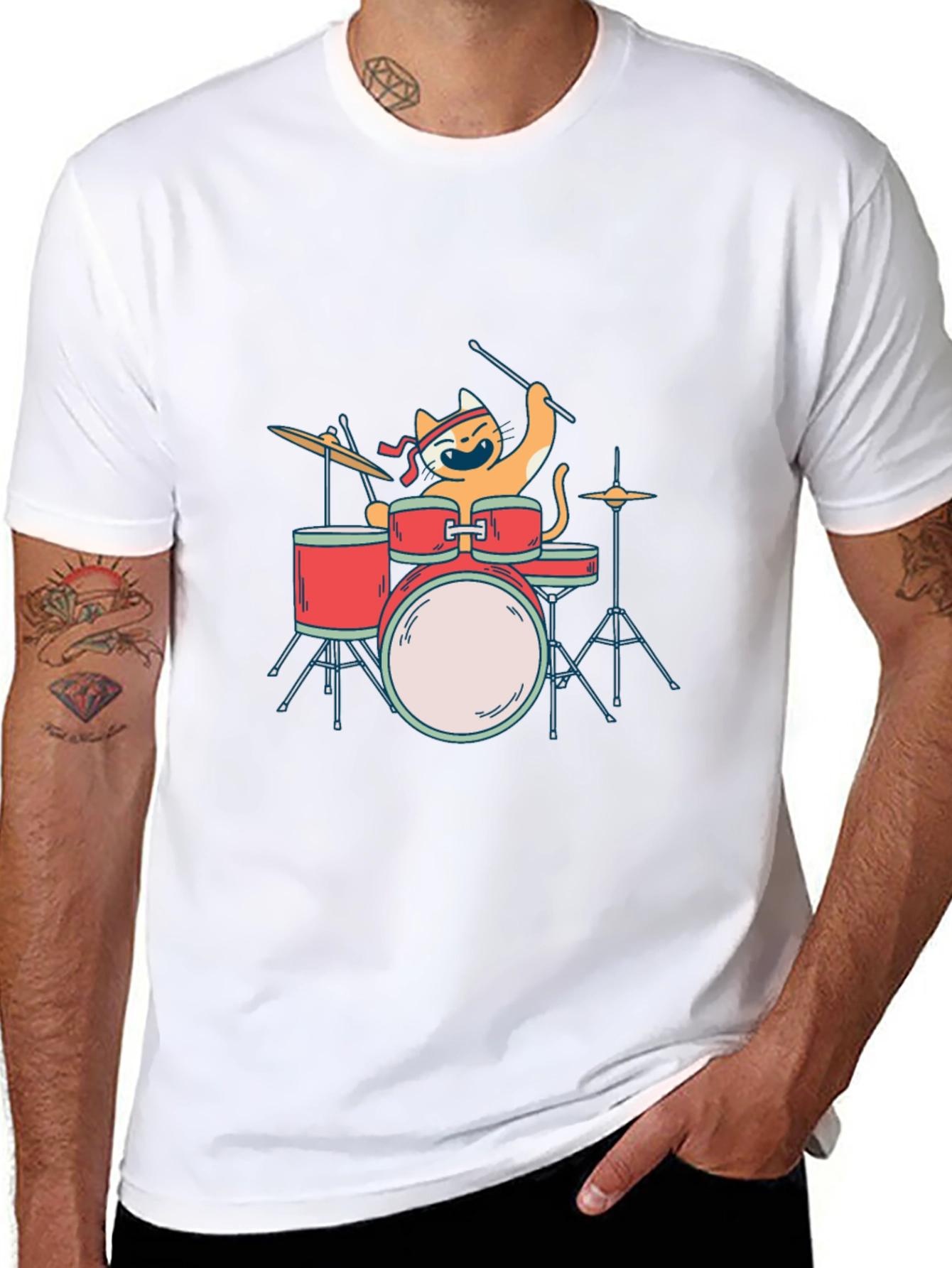 Cat Drummer T-Shirt - Playful Music Lover Tee