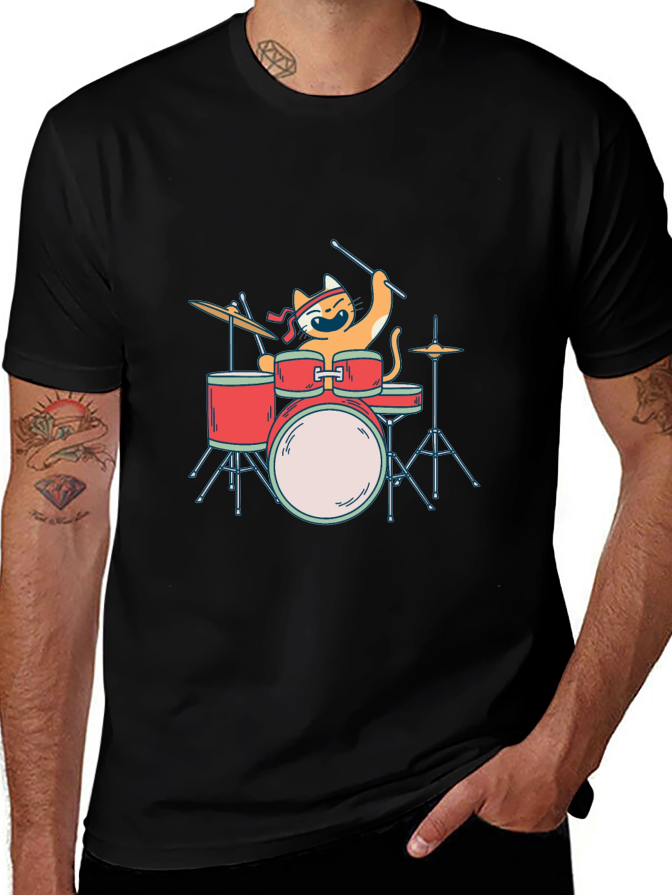 Cat Drummer T-Shirt - Playful Music Lover Tee