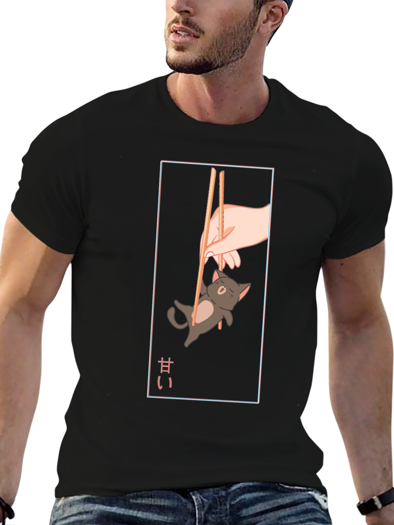 Cute Cat Chopsticks Graphic T-Shirt