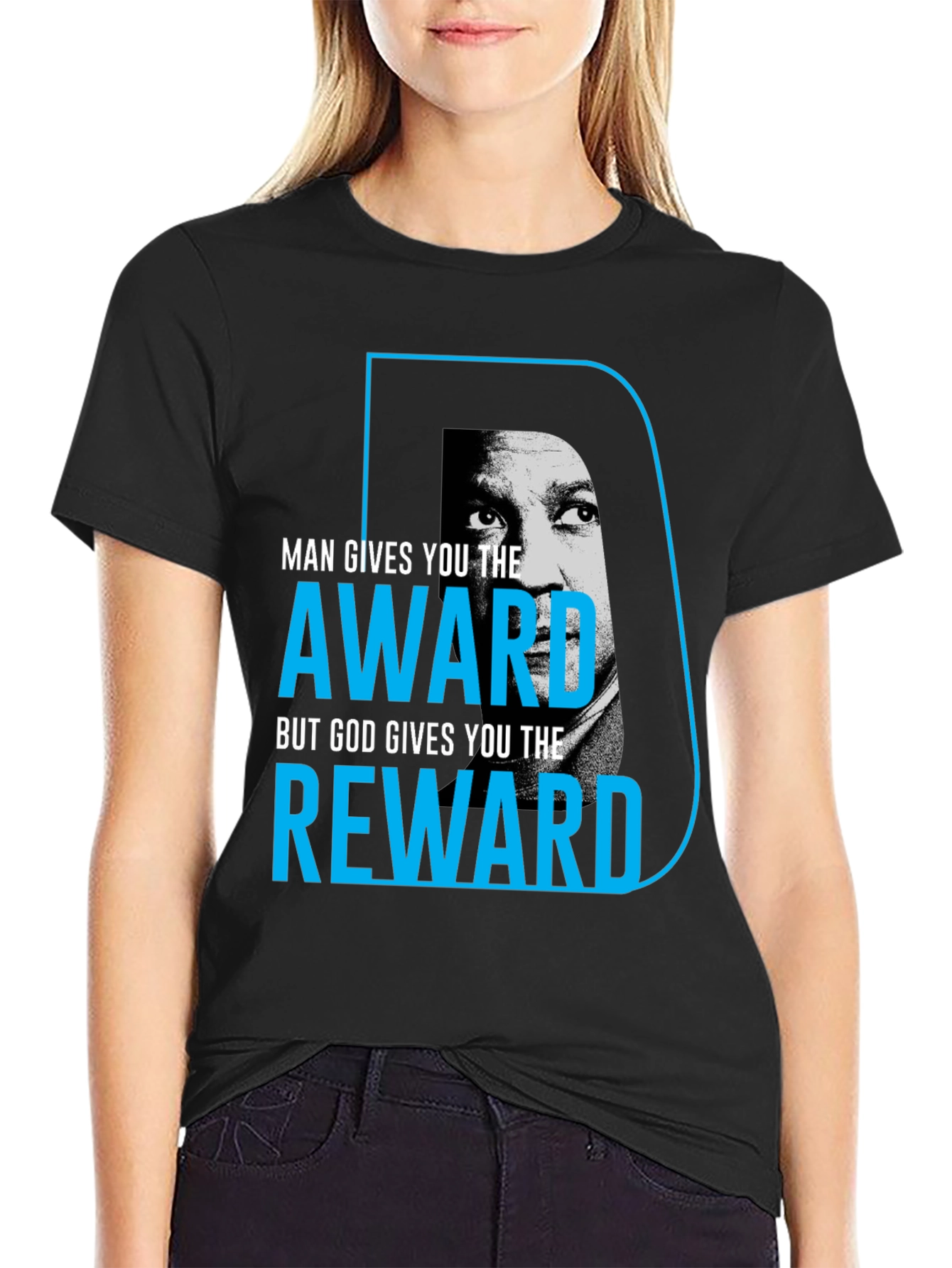 Inspirational Black T-Shirt: Man Gives Award God Gives Reward