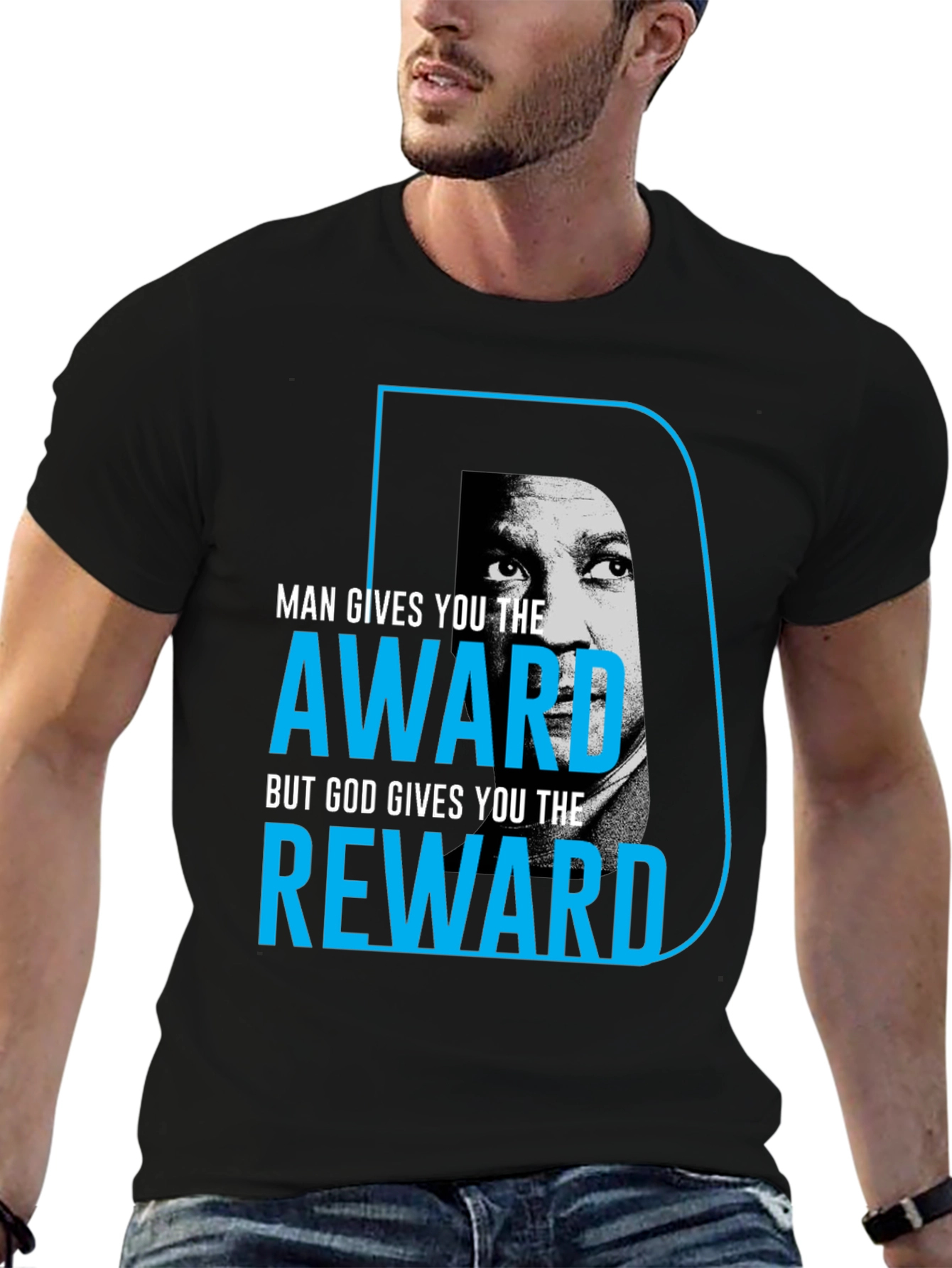 Inspirational Black T-Shirt: Man Gives Award God Gives Reward
