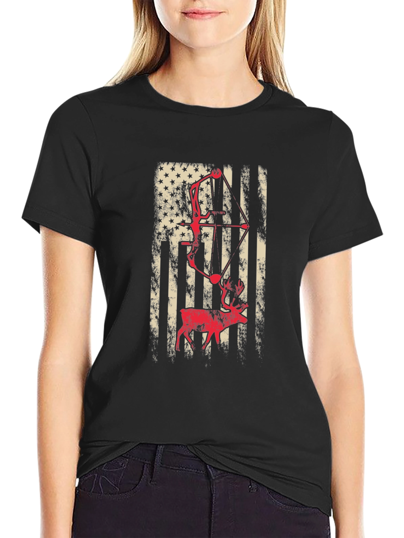 American Flag Bow Hunting Deer T-Shirt