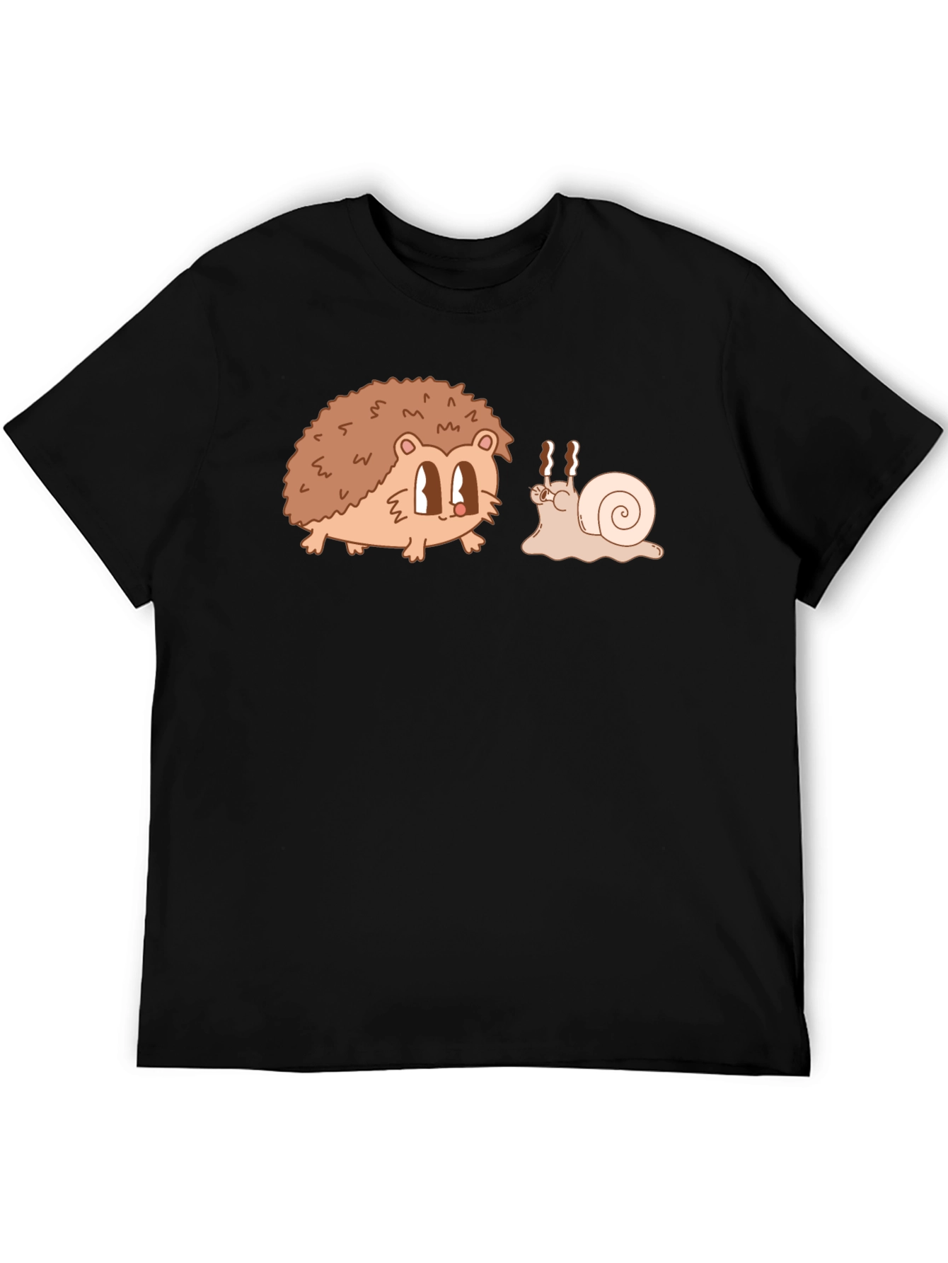 Hedgehog & Snail Cartoon Graphic Black T-Shirt